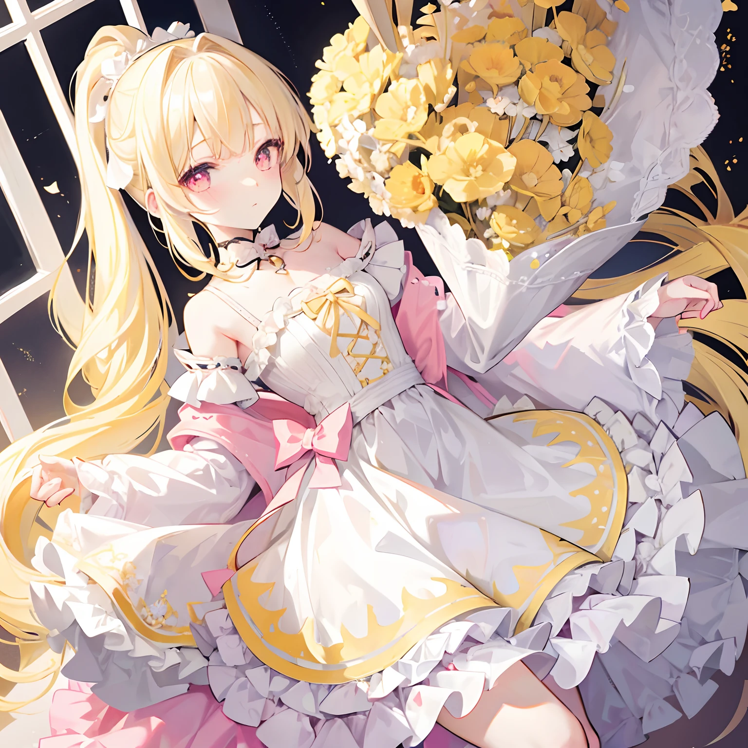 Light yellow hair，Only a ponytail is tied，Lolita clothes with pale yellow and white，Pale pink pupils，She is a sweet girl with a very soft and cute voice，It is called Yaojin Fawn