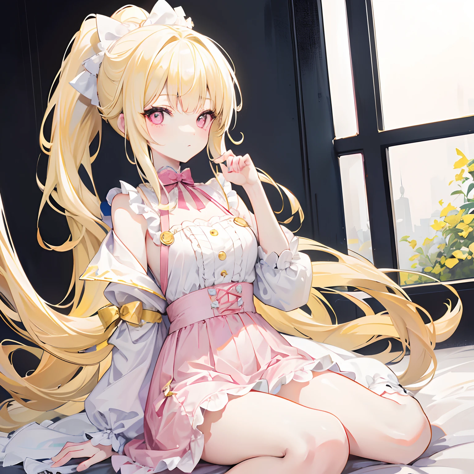 Light yellow hair，Only a ponytail is tied，ta clothes with pale yellow and white，Pale pink pupils，She is a sweet girl with a very soft and cute voice，It is called Yaojin Fawn
