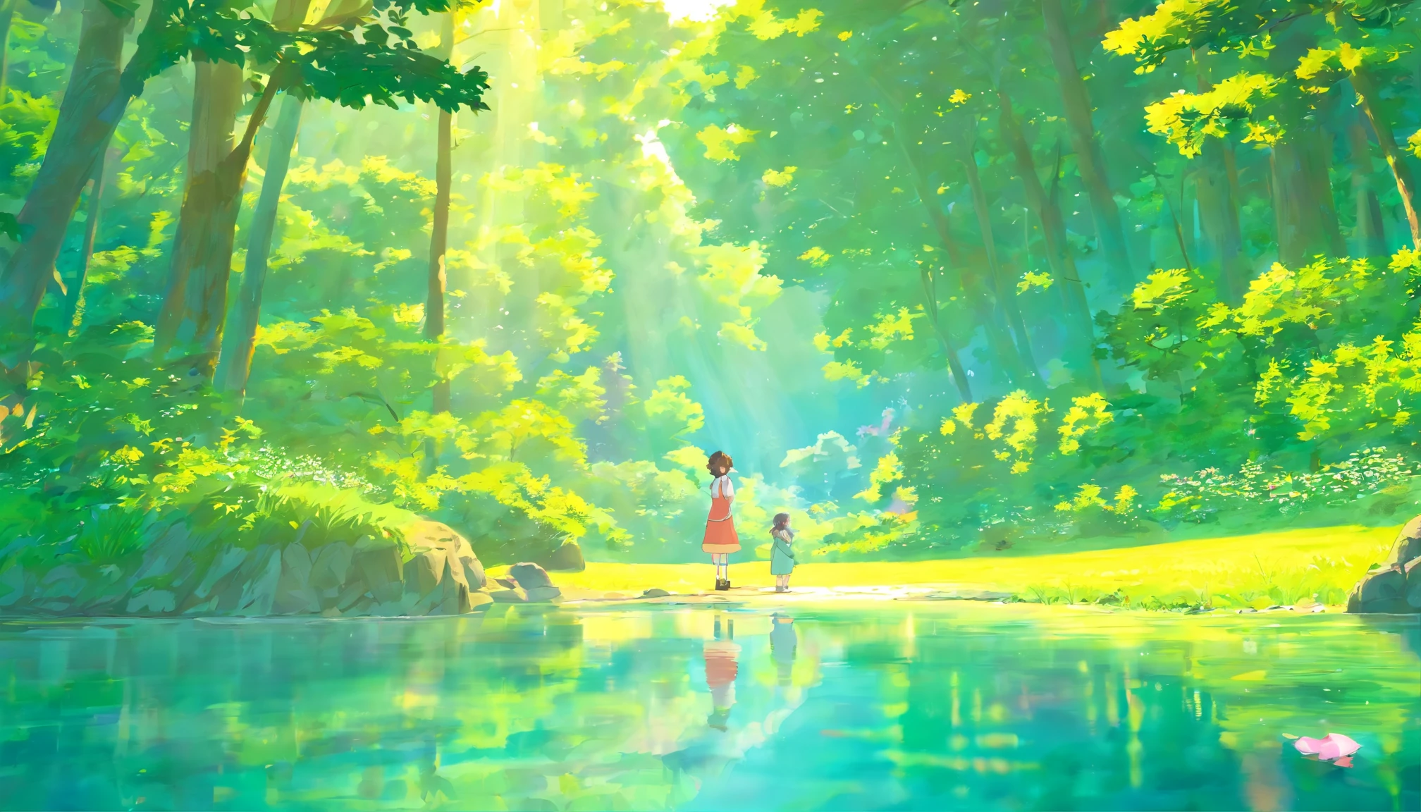 A 13-year-old girl,By the lake in the forest,Kittens are by your side,flower sea,having picnic,There are vegetables,the fruits,pizza,Extreme light and shadow,Aurora chase,Extreme ambient light,The ultimate lake reflection,heal,bright sun