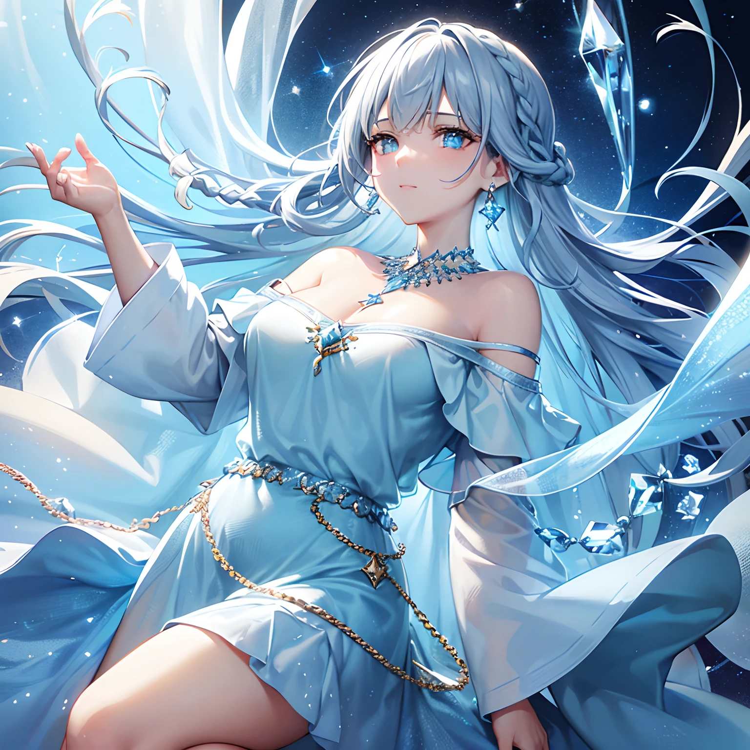 With braids,glittering, A moist and crystal clear face,It's a great feeling,Light blue and light yellow color scheme,Wear an off-the-shoulder t-shirt in a simple solid color,He has a crystal clear silver necklace hanging around his neck