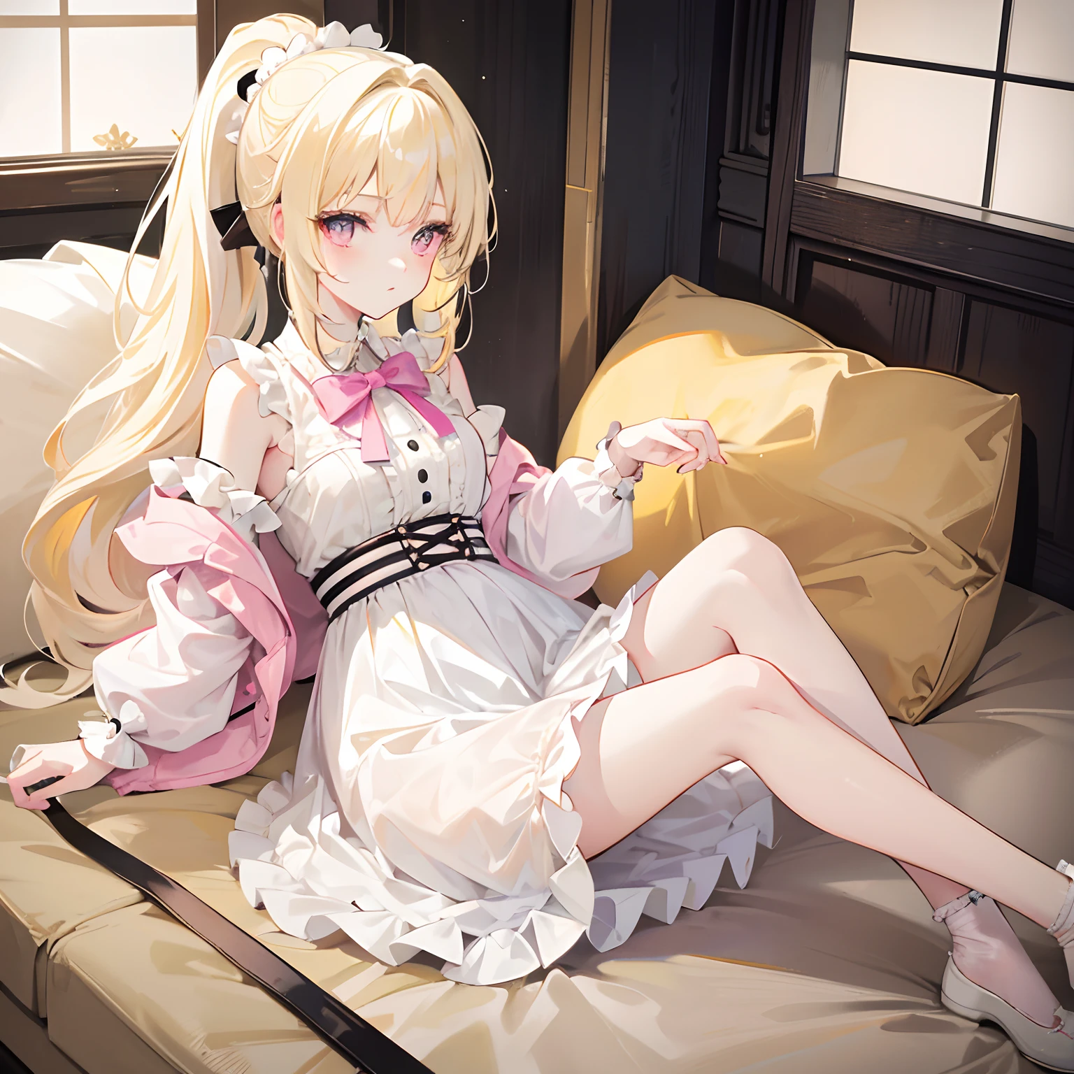 (best quality:1.4),(masterpiece:1.4),(8K:1.4),(extremely detailed:1.4),1girl,armchair,bare legs,bare shoulders,black footwear,blonde hair,blue eyes,breasts,cake,chair,crossed legs,cup,dress,flower,hair flower,hair ornament,heterochromia,high heels,lamp,long hair,long sleeves,looking at viewer,parted lips,plant,plate,potted plant,red eyes,sitting,solo,thighs,underwear,vase,very long hair,white dress,white flower,