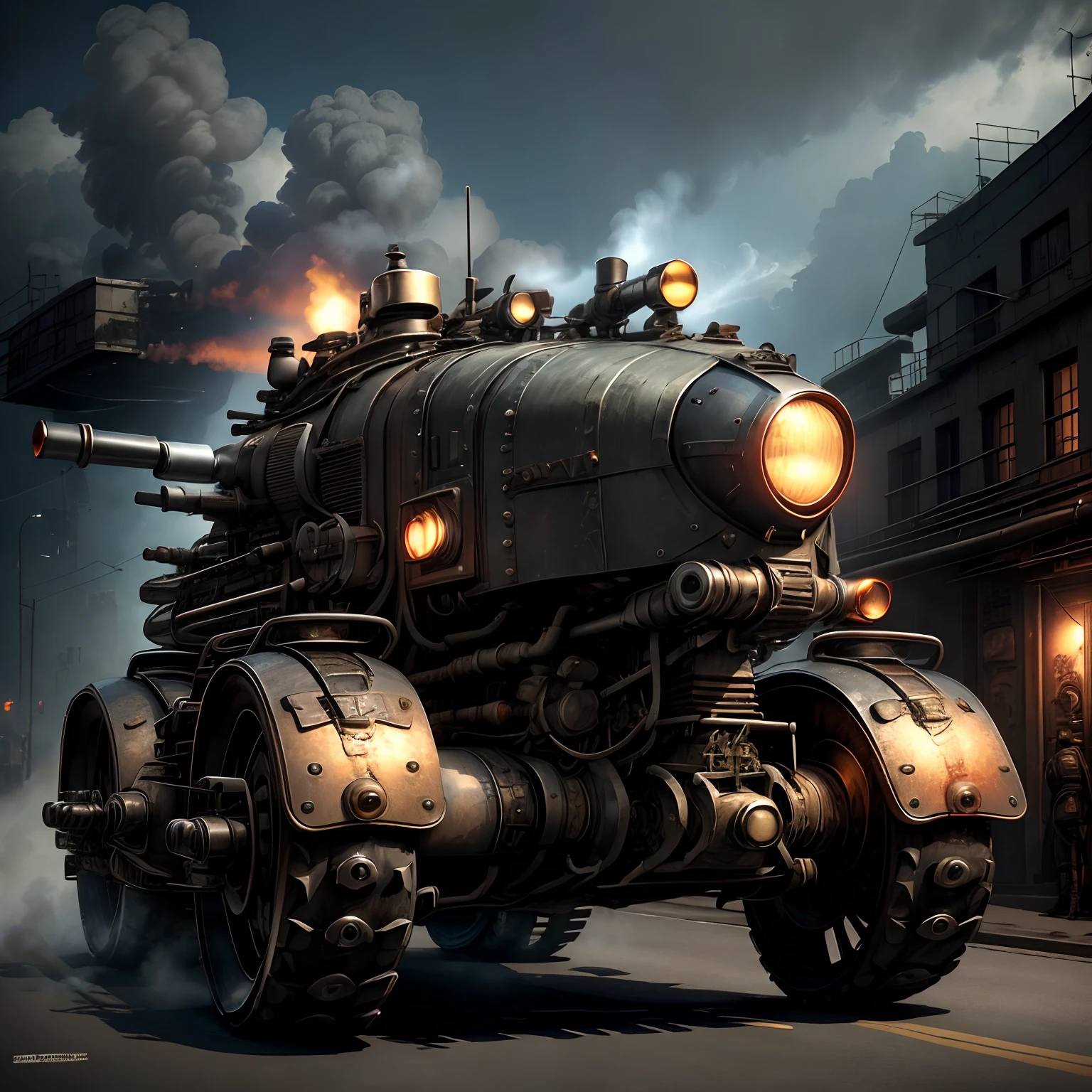 Model DreamShaper ,Dieselpunk REMADE ,black two-wheeled military motorcycle with armored hull , with steam engine , standing on the road , Its wheels are visible ,The barrels of the guns attached to the body of the motorcycle are visible; , Front light