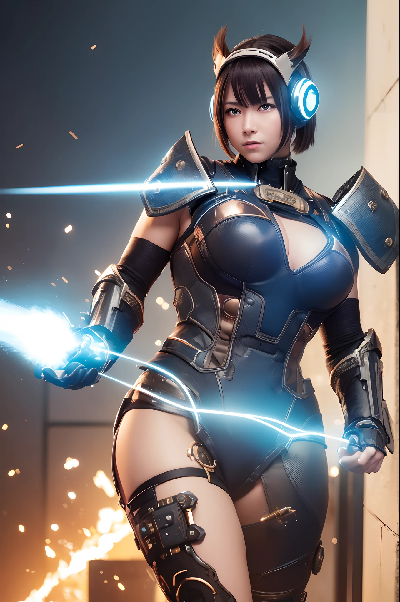 (female), A robot, burly muscular, dazzling, mechanical fists clenched, chest shining blue. In addition to the anger, the real scenery is mixed in, and the shooting style is like a blockbuster movie. All elemental coordinates are lit, including metallic texture (1.8x strength), excess detail (2x enhancement), ultra-high resolution (1.6x enhancement), and carbon fiber (1.6x strengthened), ((steampunk))