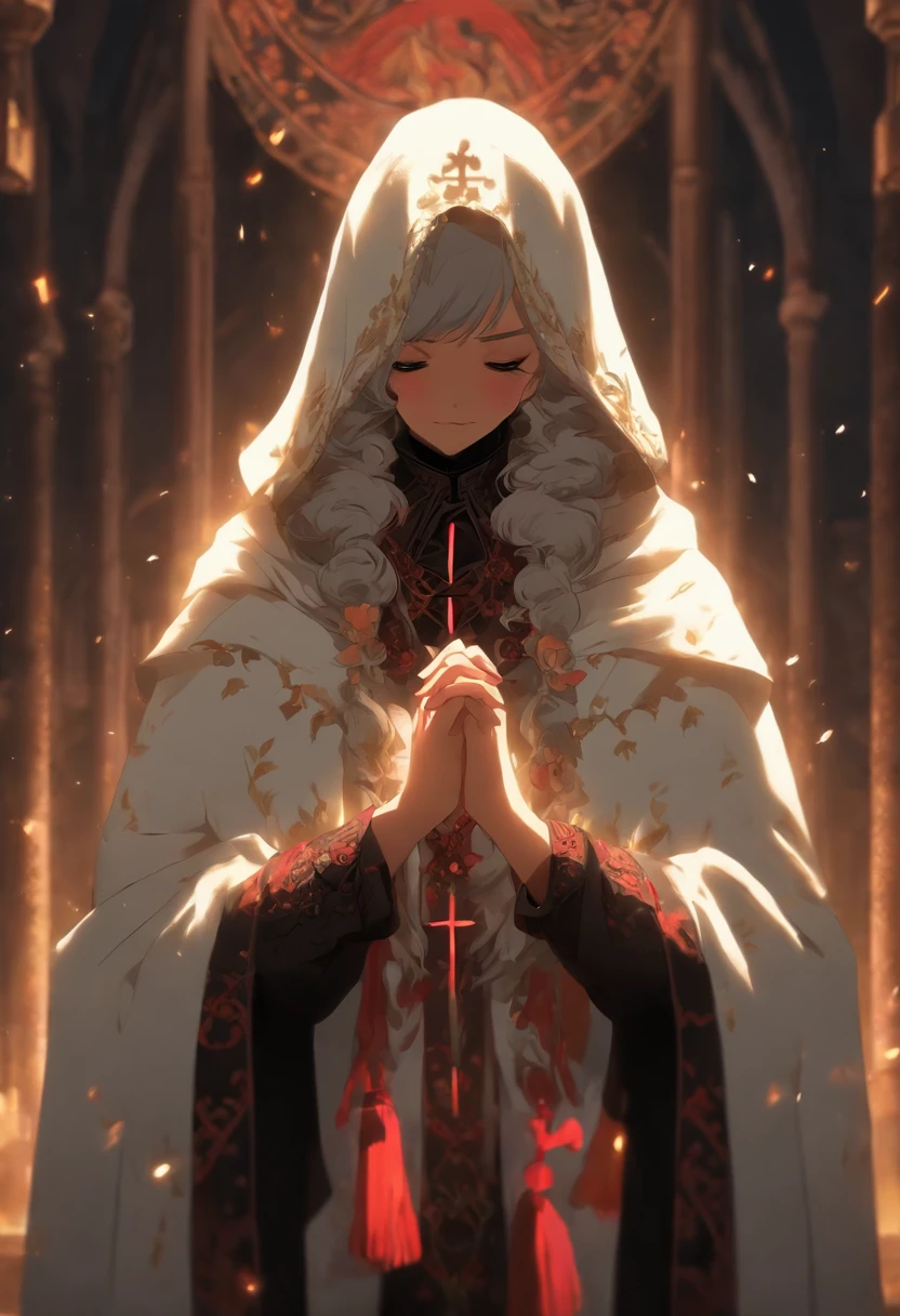 Old woman, (((white cloak, black embroidery))), wide waist, ((pale face)), Church, brunette, (((blindfold))), ((praying)), wearing cross necklace