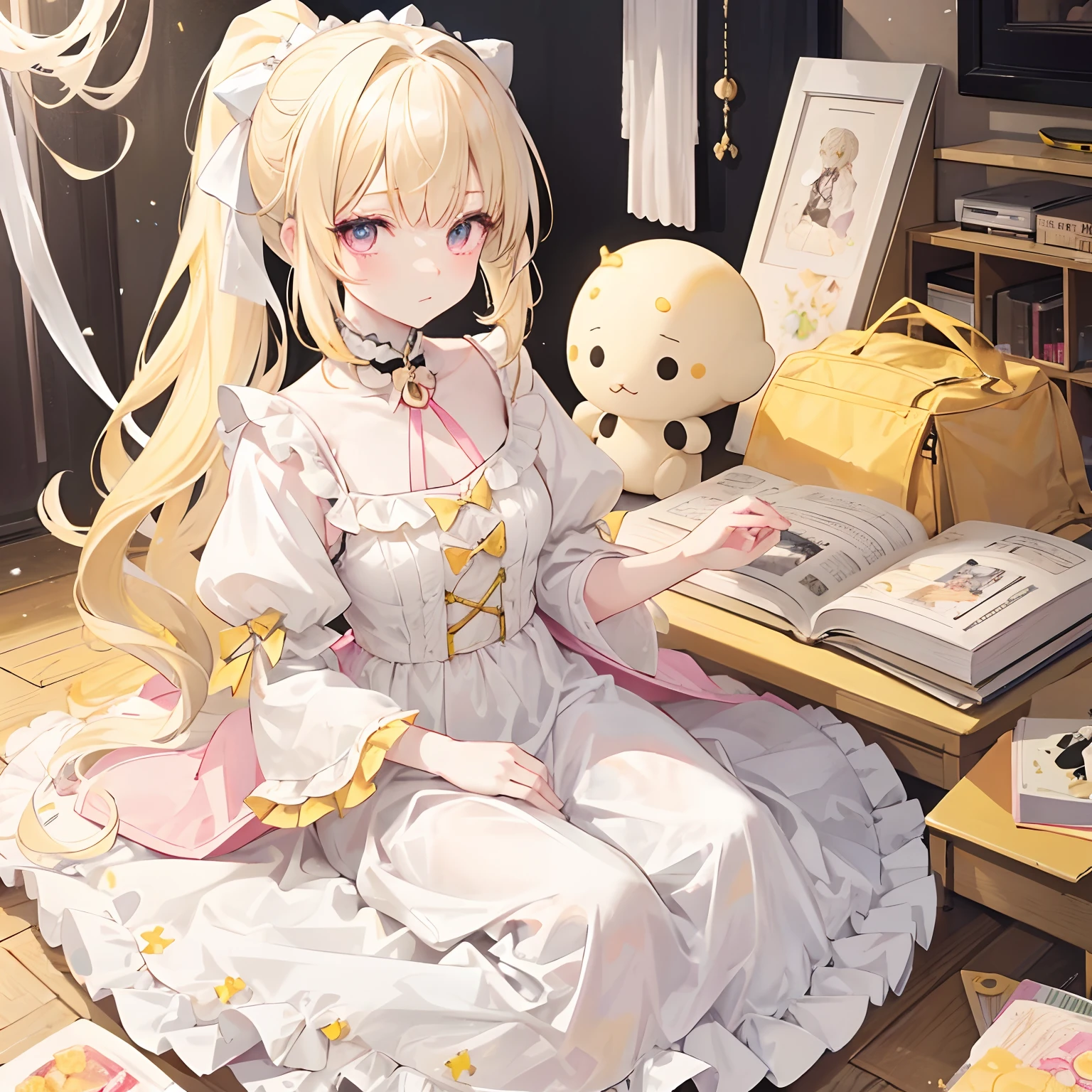 Light yellow hair，Only a ponytail is tied，Lolita clothes with pale yellow and white，Pale pink pupils，She is a sweet girl with a very soft and cute voice，It is called Yaojin Fawn