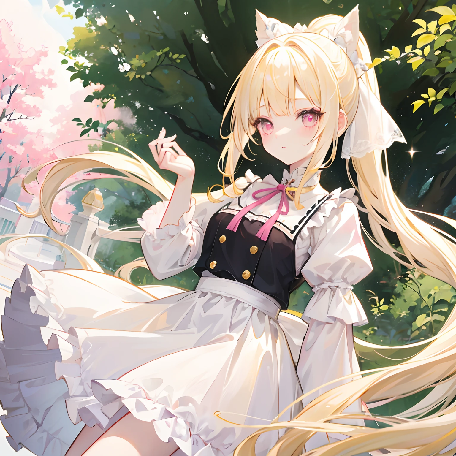 Light yellow hair，Only a ponytail is tied，Lolita clothes with pale yellow and white，Pale pink pupils，She is a sweet girl with a very soft and cute voice，It is called Yaojin Fawn