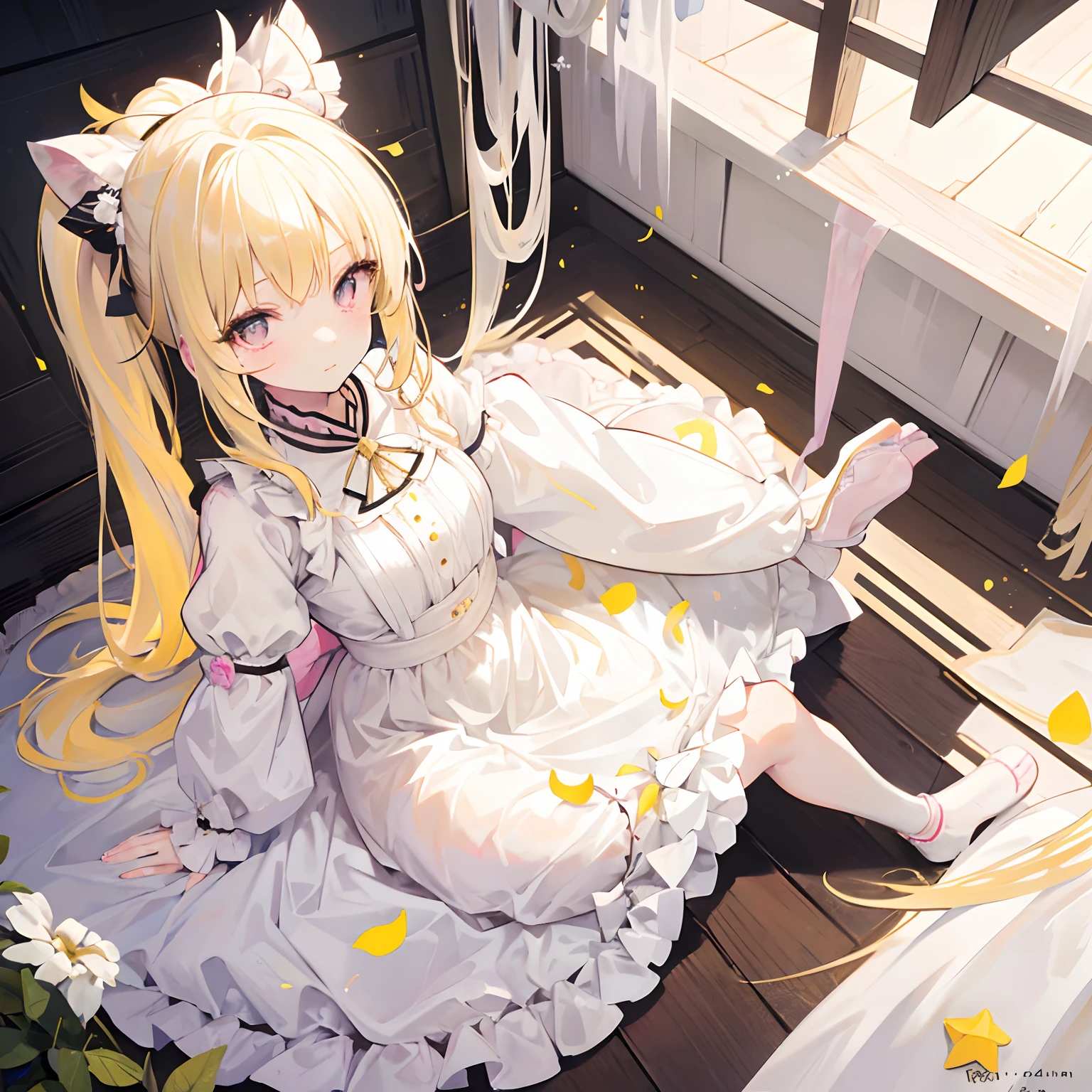 Light yellow hair,Only a ponytail is tied,Lolita clothes with pale yellow and white,Pale pink pupils,She is a sweet girl with a very soft and cute voice,It is called Yaojin Fawn