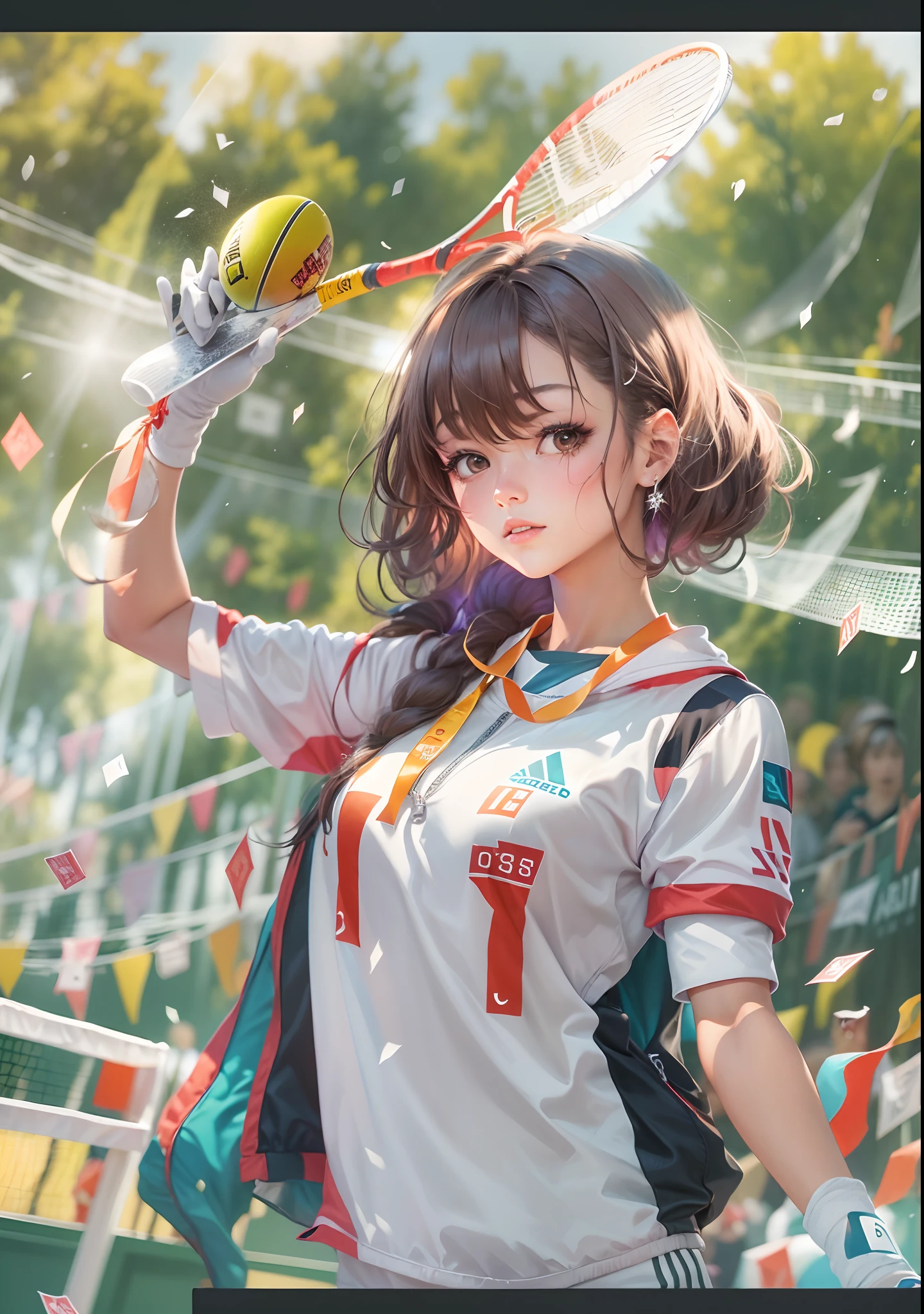 ((Best quality)) , ((Masterpiece)) , (Detailed) ,(Award-winning female athlete:1.3) , Member of the Chinese team，Wear a gold medal，On the tennis court， Glad，Festive atmosphere，Streamer splashes，(pixiv contest winner:1.1)   , Close-up portrait, （Wearing Adidas tracksuits:1.2），National team sportswear，Hold an award ceremony， overdetailed art, hair light, f/5, cinematic colour, RTX, card game illustration, Thick brush, （splatter effect:1.1），hd anime wallpaper,8K resolution