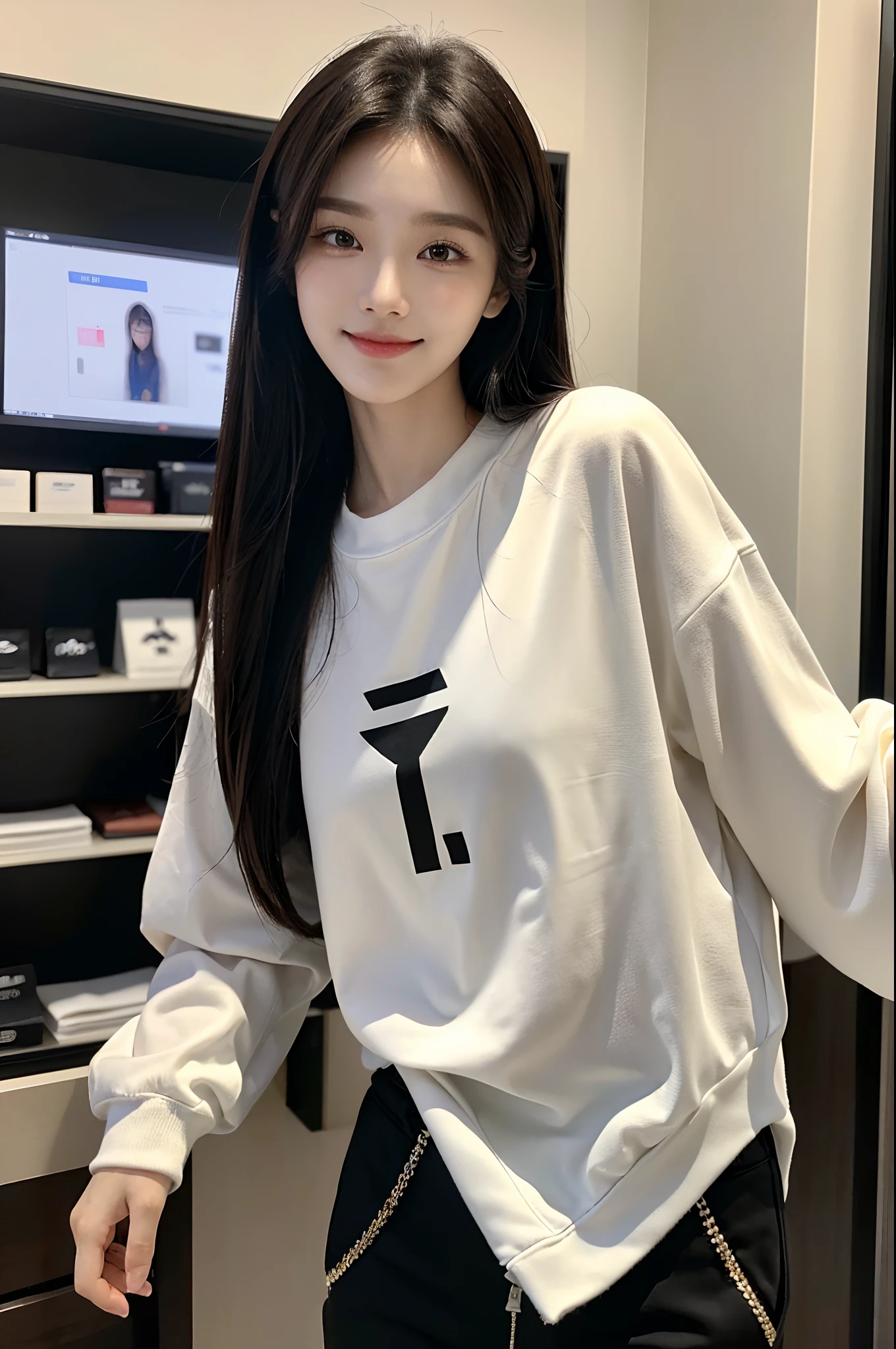 ​masterpiece、top-quality)、1 beutiful girl、Slim body、((Black and white plain clothes:1.1))、(Detailed beautiful eyes)、Walk around the store、((Boyish Brown Medium Hair))、((Smaller face))、((Neutral face))、((Face seen from the side))、((Light brown eyes))、((Korean Girl))、((18year old))、((cool lady))、((A shy smile on his face))、((Korean Makeup))、((elongated and sharp eyes))、((Happy dating))、((looking distantly))、((boyish))、((Shot from the same height as your face))、((Shorter than viewer))、((She is running ahead of the viewer))、((I'm embarrassed to hold my mouth with my hand))
