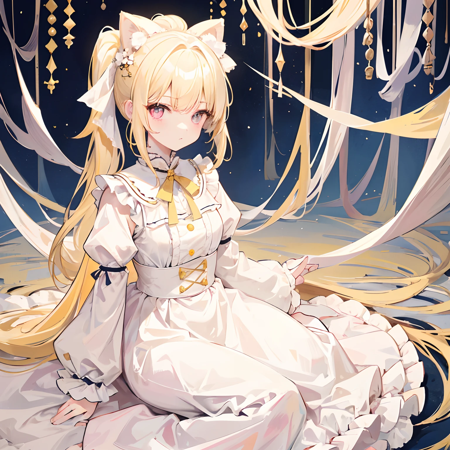 Light yellow hair，Only a ponytail is tied，The face is tender and cute like a doll，Lolita clothes with pale yellow and white，Pale pink pupils，She is a sweet girl with a very soft and cute voice，It is called Yaojin Fawn