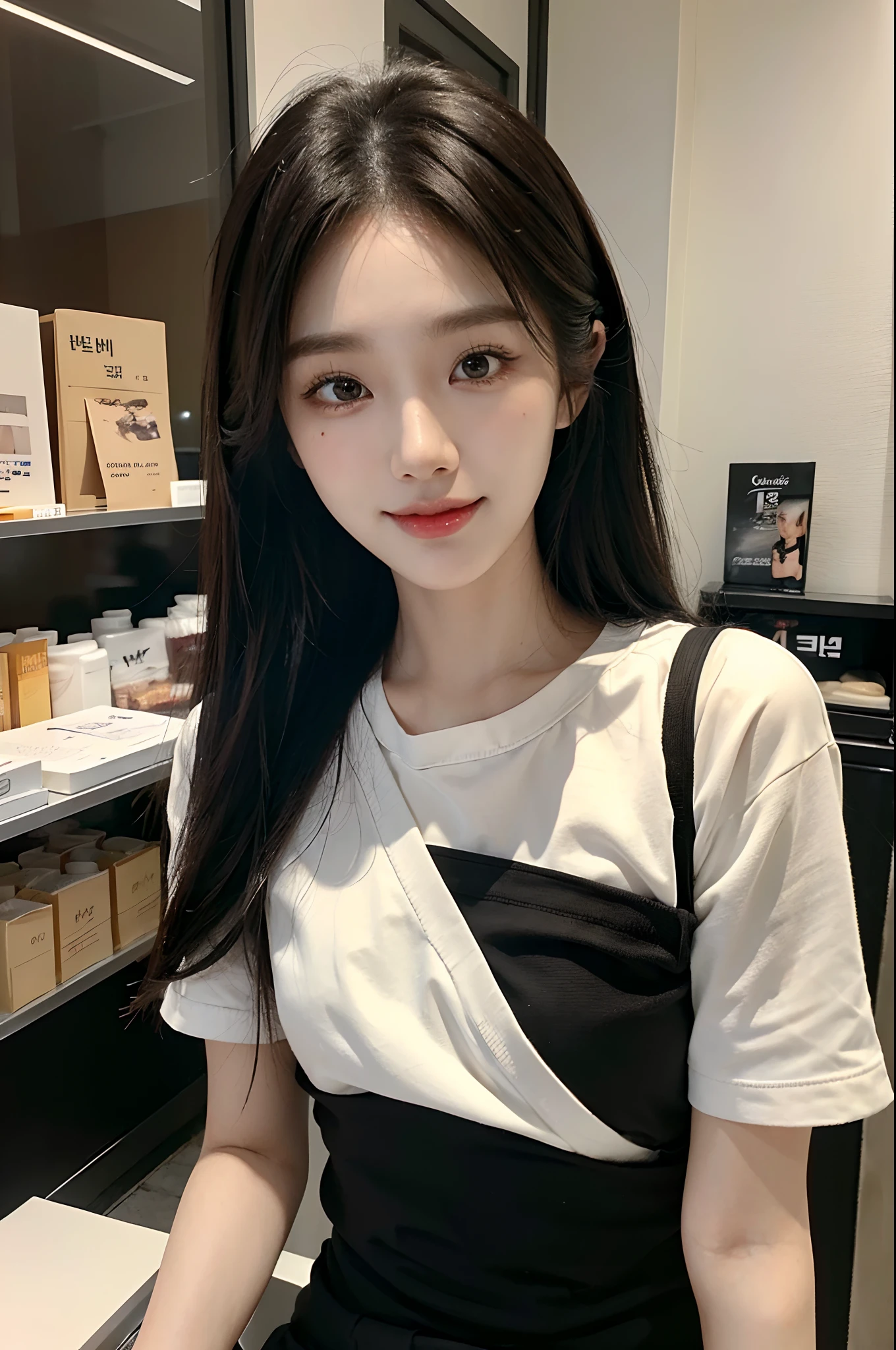 masterpiece、top-quality)、1 beutiful girl、Slim body、((Black and white plain clothes:1.1))、(Detailed beautiful eyes)、Walk around the store、((Boyish Brown Medium Hair))、((Smaller face))、((Neutral face))、((Face seen from the side))、((Light brown eyes))、((Korean Girl))、((18year old))、((cool lady))、((Cat girl))、((Wild look))、((Korean Makeup))、((elongated and sharp eyes))、((Dating))、((looking distantly))、((boyish))、((Shot from the same height as your face))、((Viewers are tall))