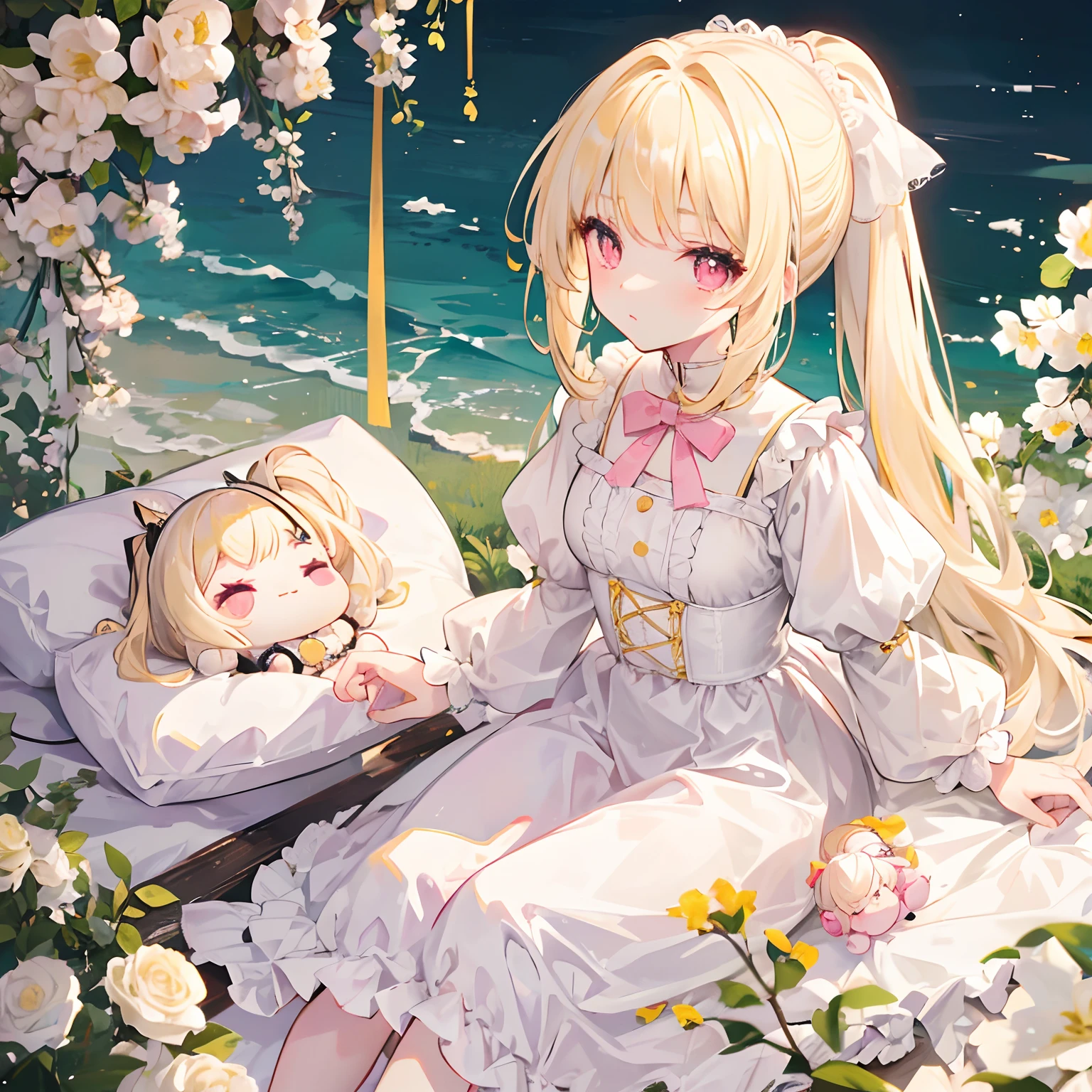 Light yellow hair，Only a ponytail is tied，The face is tender and cute like a doll，Lolita clothes with pale yellow and white，Pale pink pupils，She is a sweet girl with a very soft and cute voice，It is called Yaojin Fawn