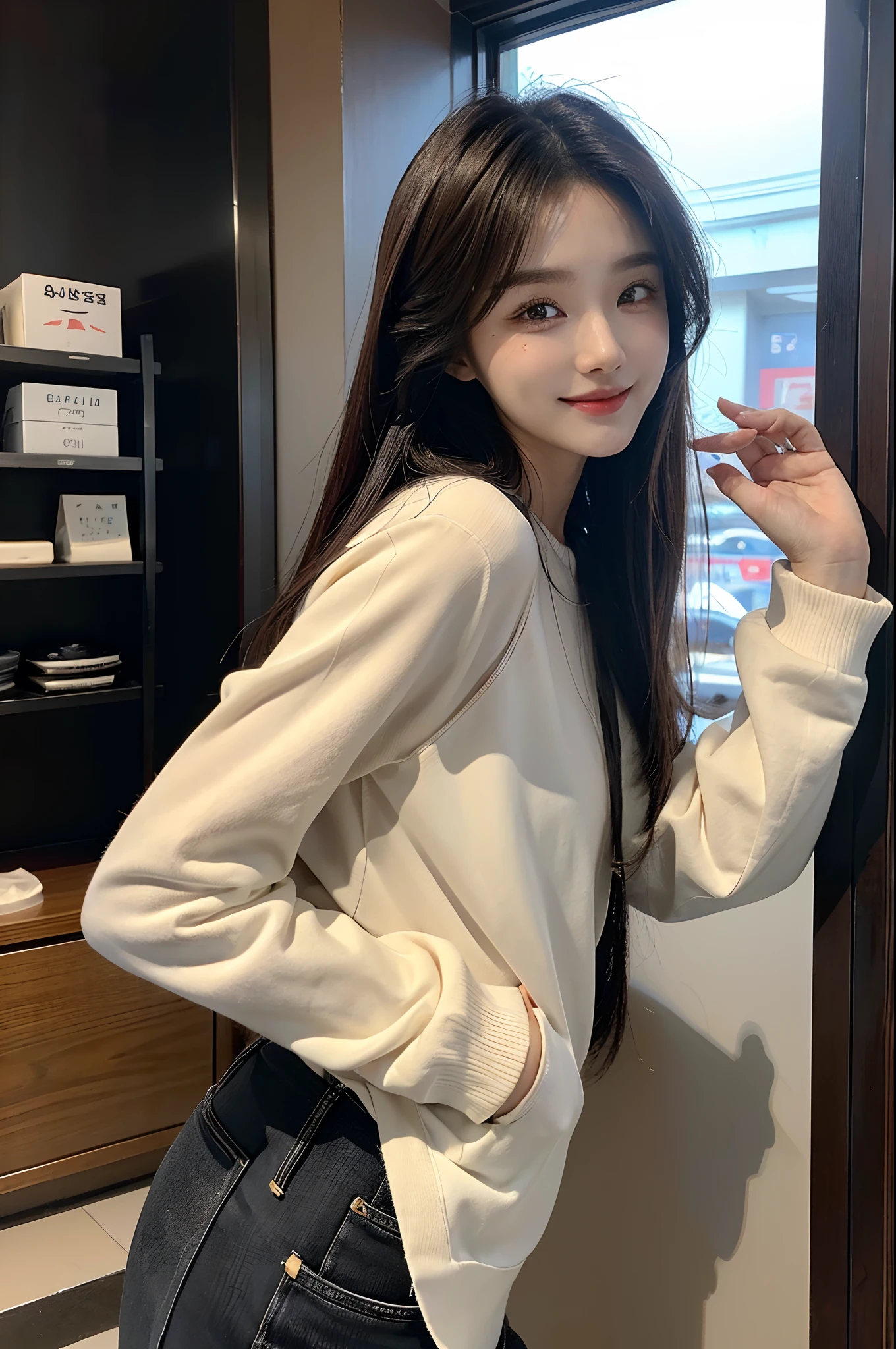 ​masterpiece、top-quality)、1 beutiful girl、Slim body、((Black and white plain clothes:1.1))、(Detailed beautiful eyes)、Walk around the store、((Boyish Brown Medium Hair))、((Smaller face))、((Neutral face))、((Face seen from the side))、((Light brown eyes))、((Korean Girl))、((18year old))、((cool lady))、((A shy smile on his face))、((Korean Makeup))、((elongated and sharp eyes))、((Happy dating))、((looking distantly))、((boyish))、((Shot from the same height as your face))、((Shorter than viewer))、((She is running ahead of the viewer))、((I'm embarrassed to hold my mouth with my hand))