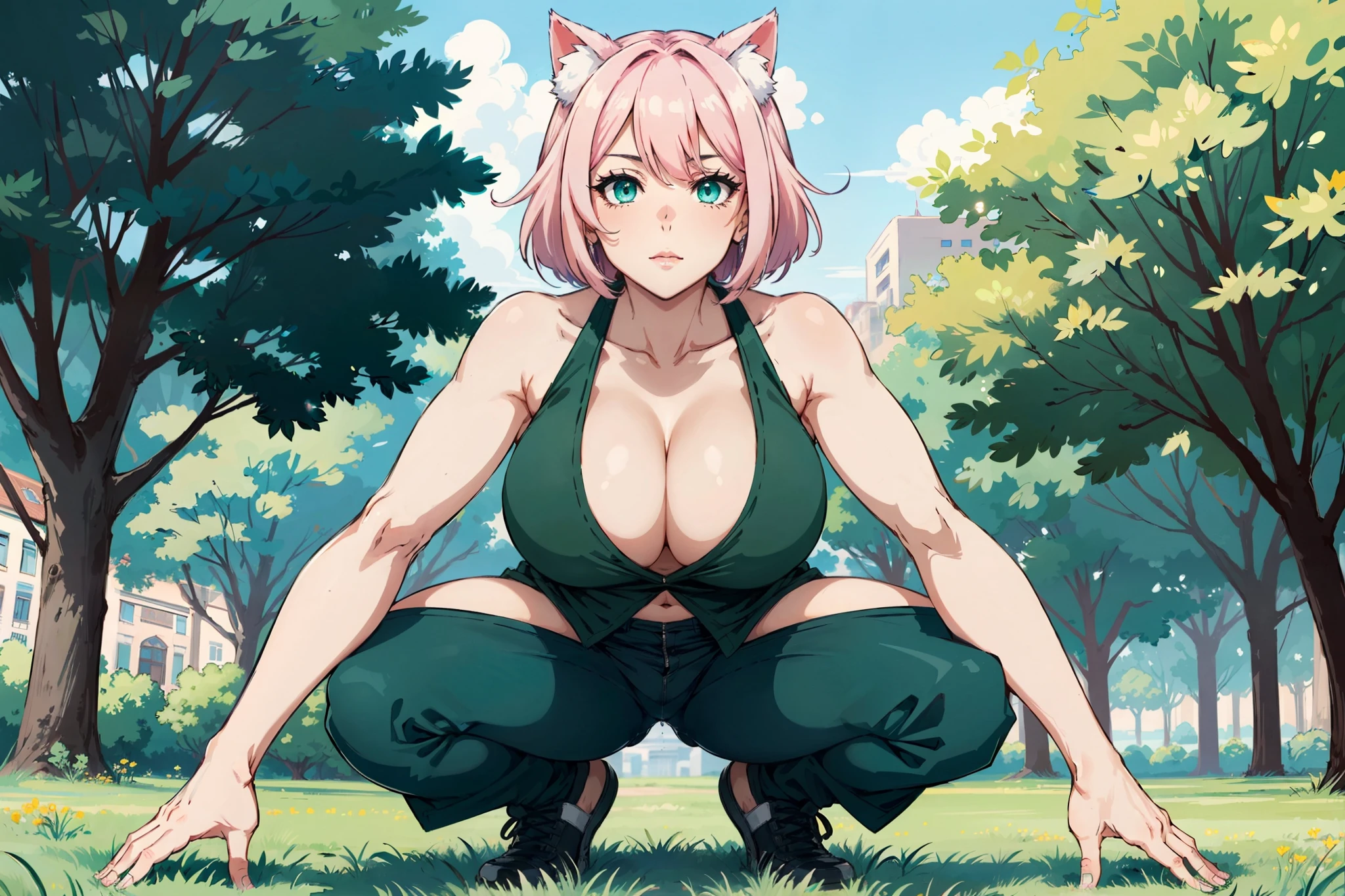 ((mature adult tall woman, mature_face)), (glowing green eyes), aqua cat ears, (super narrow waist), gradient (pink hair), large breasts, large areolae, (oily skin) ,
cartoon of a woman doing a handstand on a blanket in a park, giantess art, stretching her legs on the grass, park in background, most strongest pose, low view, beautiful anime woman squatting, lowres, extreme foreshortening, fanart, macro giantess, with a park in the background, extreme pose