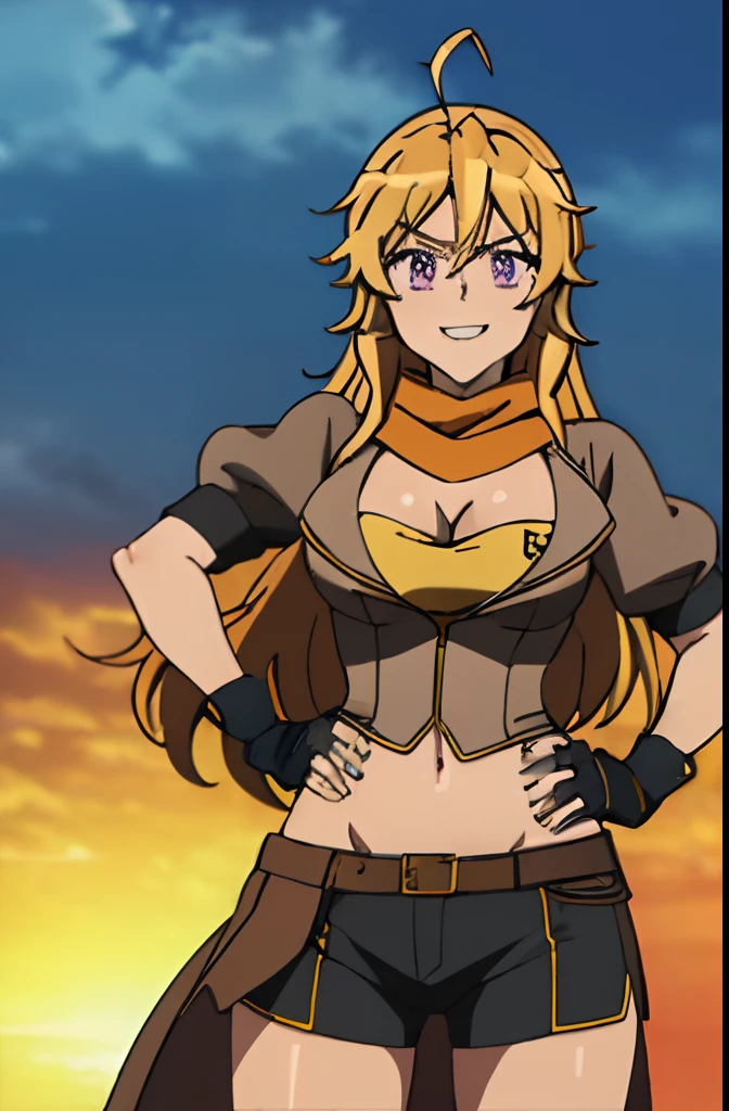 (masterpiece, best quality:1.2), cowboy shot, solo, 1girl, yang xiao long, grin, hand on hip, ahoge, purple eyes, brown jacket, yellow tube top, black shorts, black fingerless gloves, orange scarf, waist cape, midriff, cleavage, large breasts, beautiful eyes, highly detailed eyes,(((8k))),