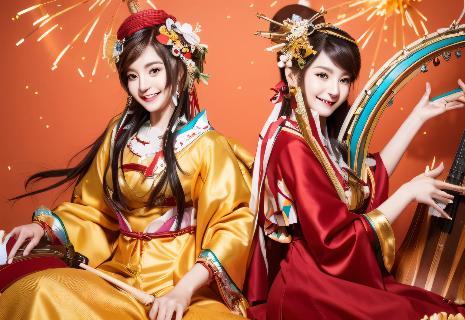 (ultra high res, photorealistic, realistic, best quality, photo-realistic), (highly detailed skin, visible pores), (real person, photography), (((yellow hanfu, Chinese style)))), realistic, YELLOW background, upper body, (8k, raw photo, best quality, masterpiece), (1 girl RUSSIAN BLONDE CHILD PORTRAIT ), photon mapping, radiosity, physics-based rendering, automatic white balance, ((haunting smile, long hair)), watery eyes,  (blush|cute and playful|lovely|thin|thick bangs|beauty|twintail|hair bun,),(looking at the viewer),(irises and pupils are rounded,pupil reflects the environment,eyes are not the same size),