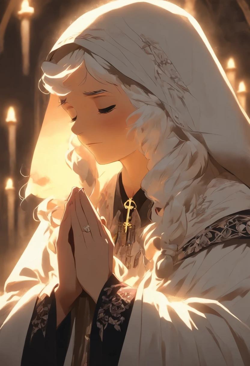 Old woman, (((white cloak, black embroidery))), wide waist, ((pale face)), Church, brunette, (((blindfold))), ((praying)), wearing cross necklace
