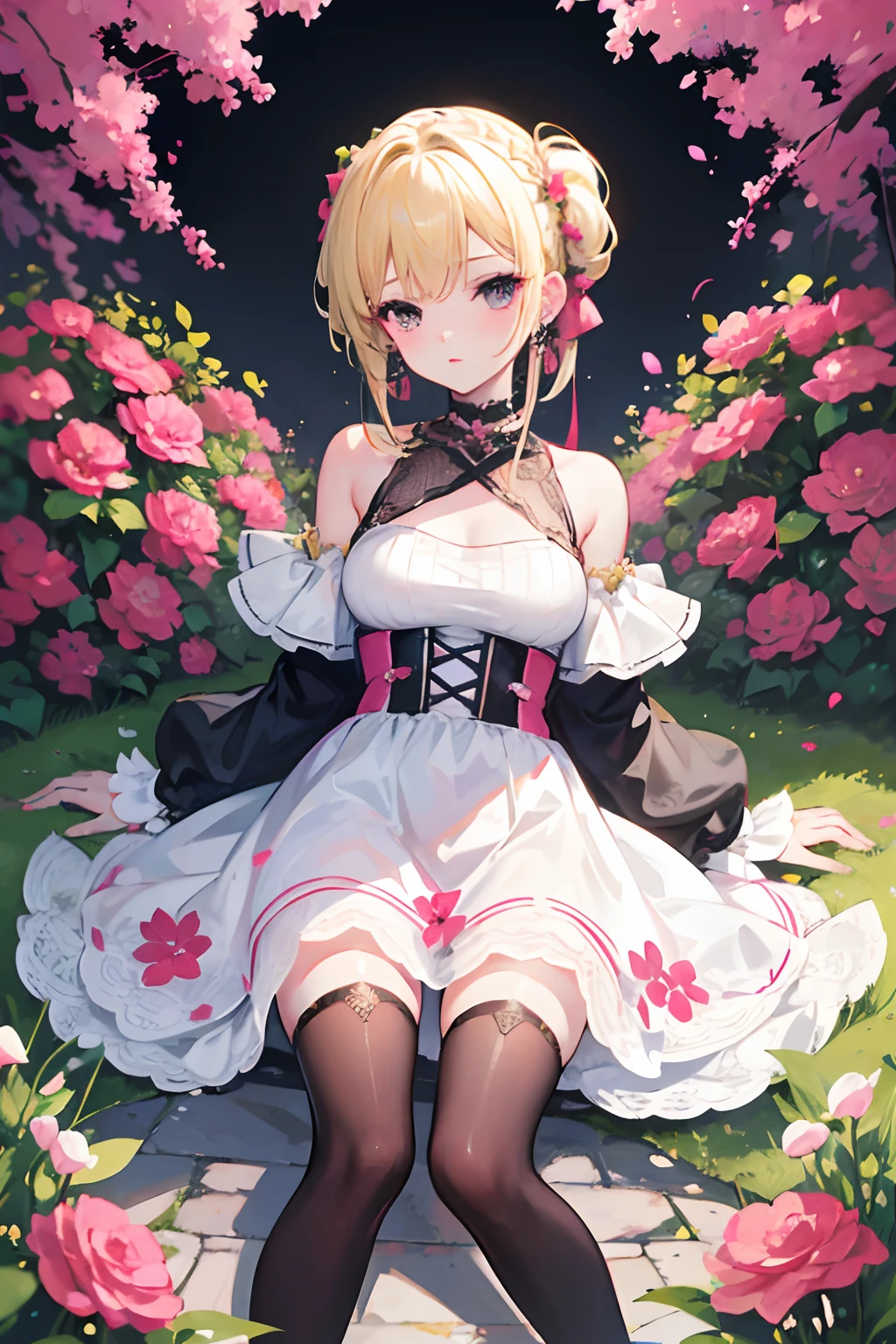 1 girl, solo, masterpiece, spring background, garden, light dress, offshoulder,black eyes, blonde haired, open hairstyle,fancy round earings, off red lips,dark pink sandels, skin colour stockings