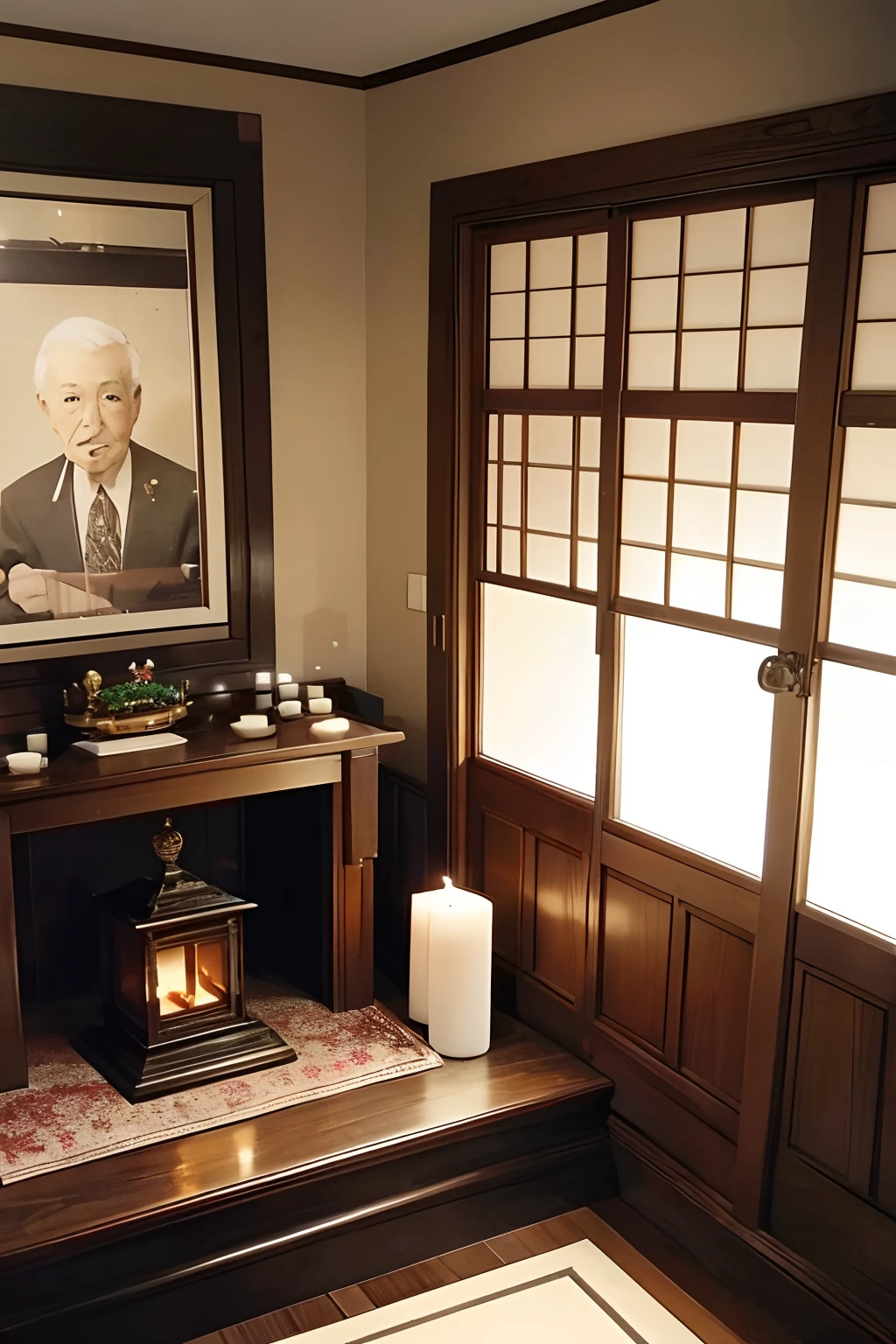 There is a picture of my grandfather on the altar.、A candle is lit、Small altar、inside in room