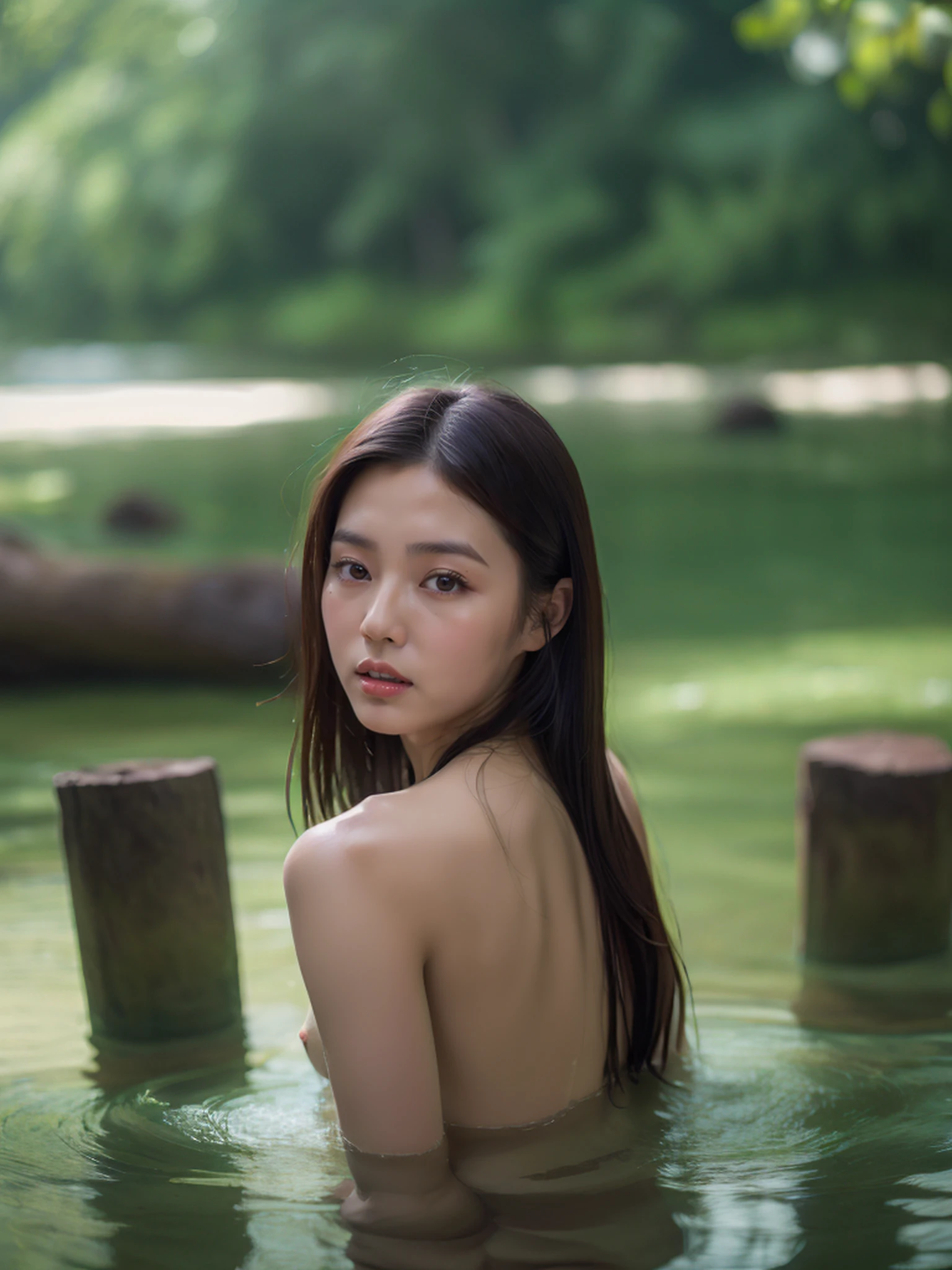 (1 Vietnamese girl), 18 years old, sexy lustful body, well-proportioned, face very detailed, , standing nakedbathing in a big river in the forest, Full nudity body, eyes and body looking straight at the camera, 8K photo. nsfw:1.0. lustful, large breast, detailnipples, exposednipples.