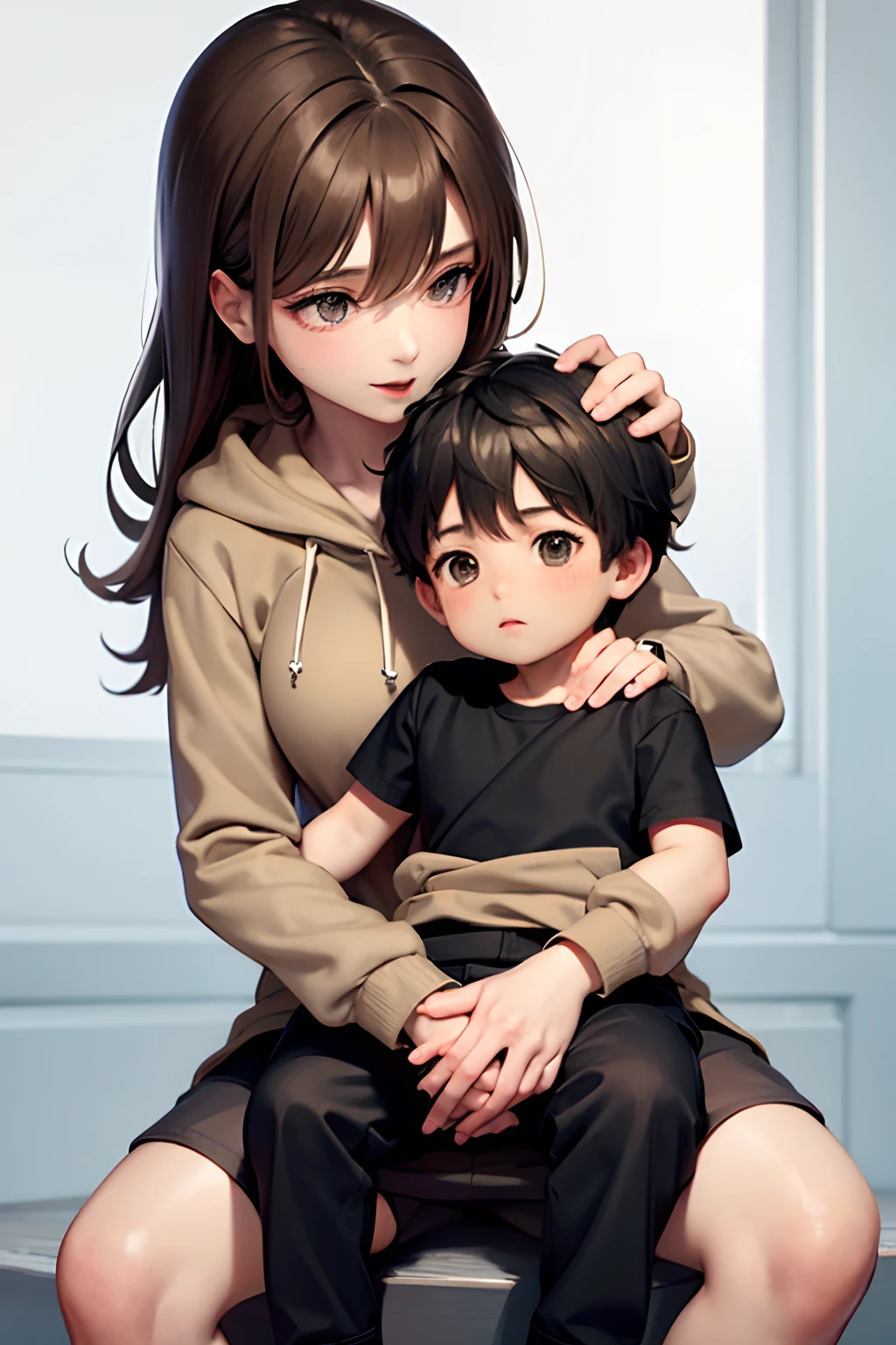 mom dressed in a light brown skirt and a black hoodie. while her son sits on her lap, streets, sitting on lap, shorts, 1child, 1boy, 1mom