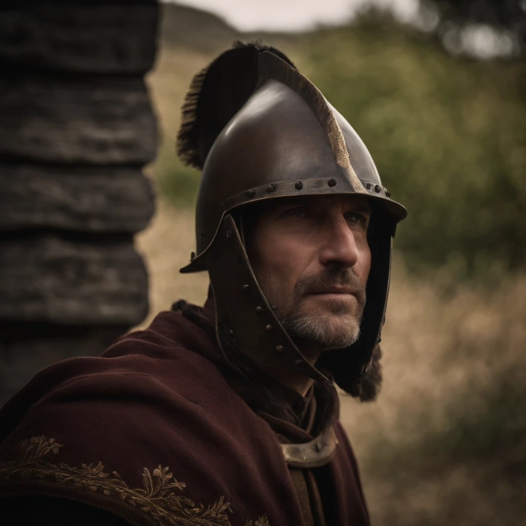 homem de 45 anos, capacete Medieval, with room for the face, man with experience, rosto assustador