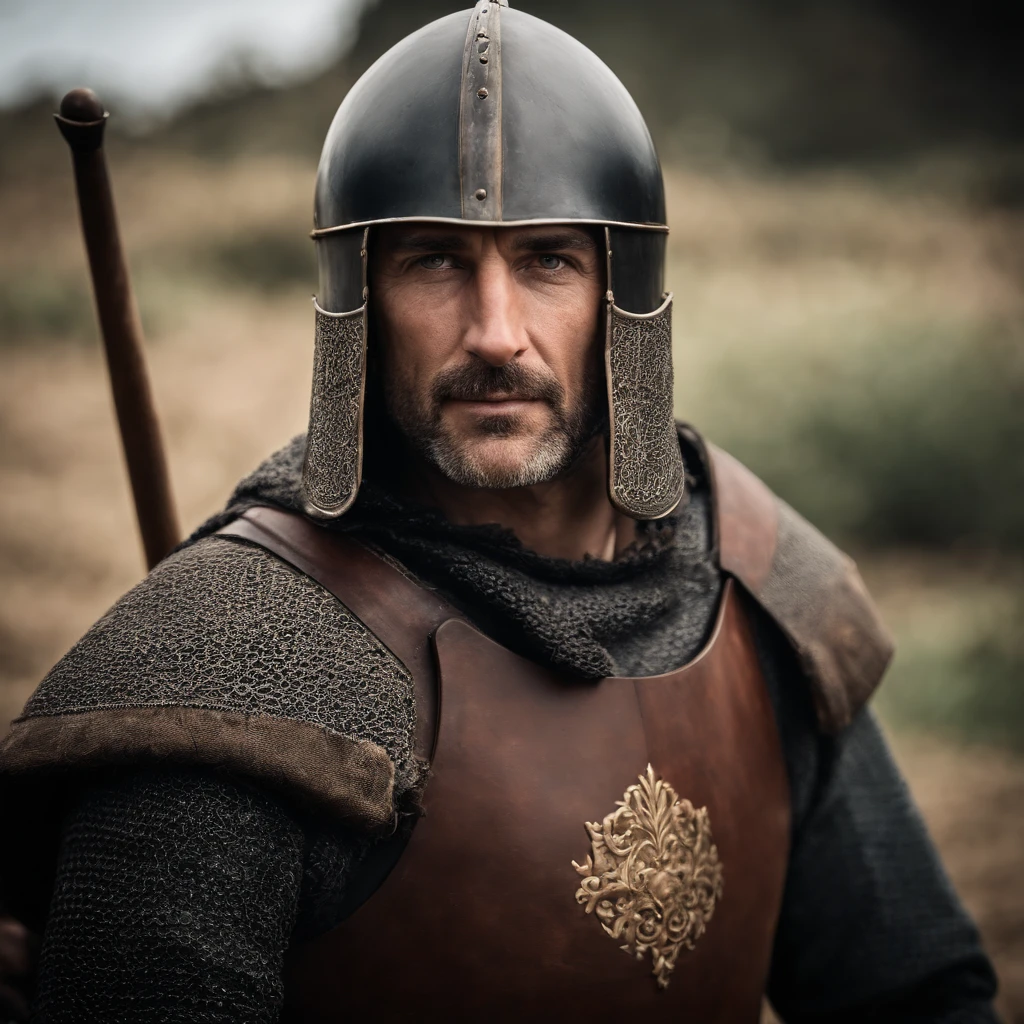 homem de 45 anos, capacete Medieval, with room for the face, man with experience, rosto assustador