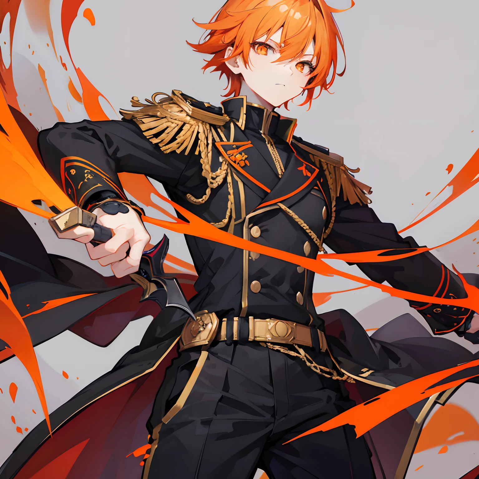 anime boy,short orange hair,orange eyes,wearing a black regal military uniform,wearing loves that dont completely cover his hand,holding twin blades,high detail,top quality