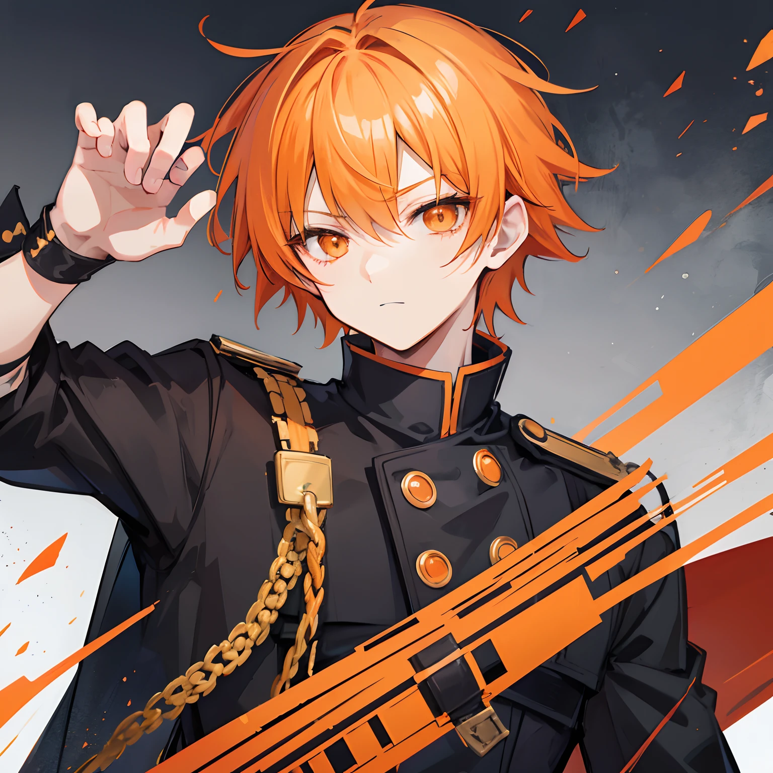 anime boy,short orange hair,orange eyes,wearing a black regal military uniform,wearing loves that dont completely cover his hand,holding twin blades,high detail,top quality