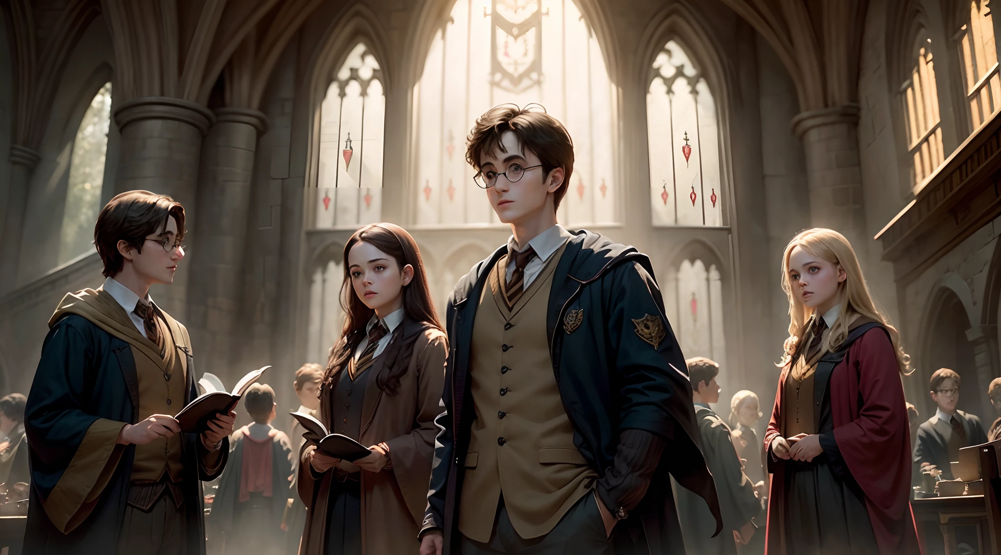 Harry Potter background with Hogwart students, daylight, warm light, bright, beautiful face, big eye, expand