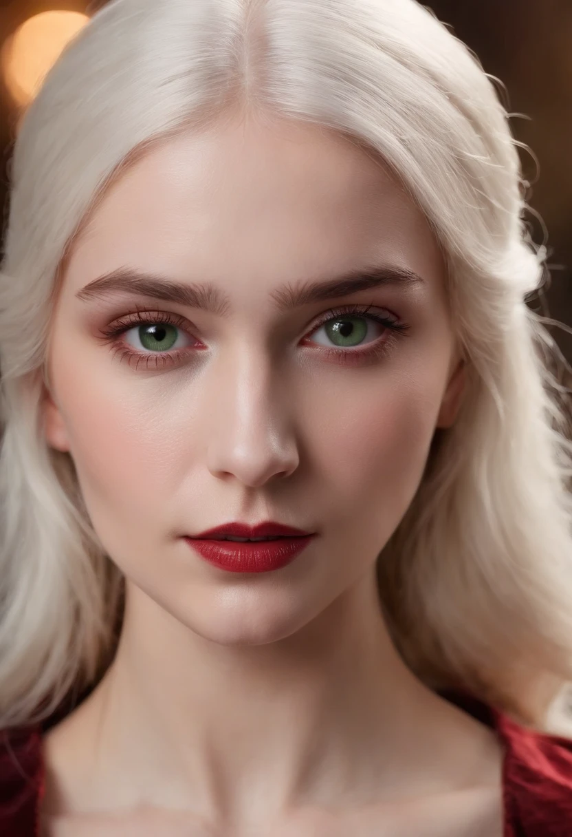 (((A crimson wound crossed her left cheek.))) Fair-skinned, The woman is about 19 years old., Natural White Hair, Prominent green eyes, Wear KOHL, Sleek and elegant, Beautiful, Candlelight in a medieval atmosphere, ultra sharp focus, Realistic shooting, Medieval women's clothing, tetradic color (scar:1.4)