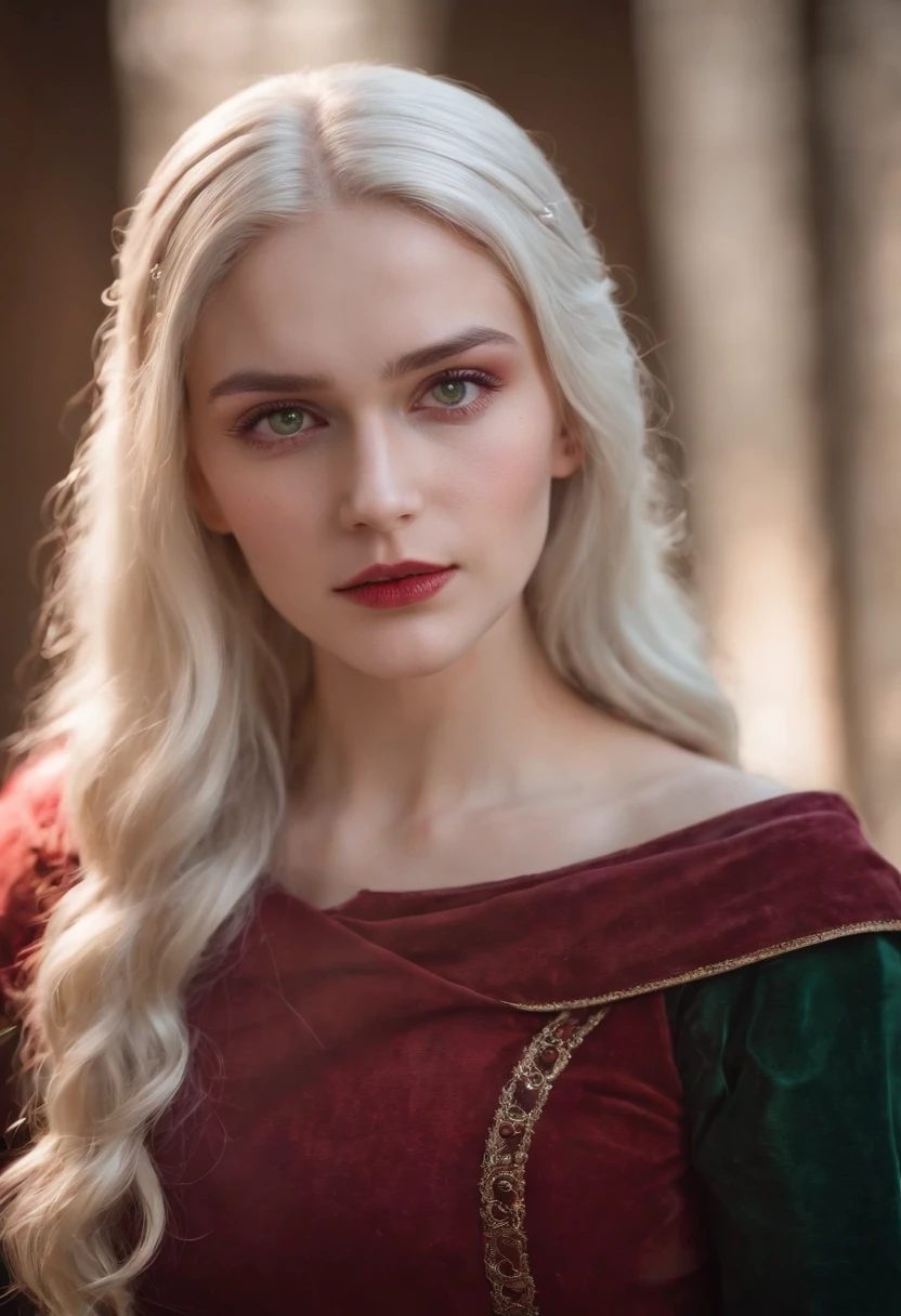 (((A crimson wound crossed her left cheek.))) Fair-skinned, The woman is about 19 years old., Natural White Hair, Prominent green eyes, Wear KOHL, Sleek and elegant, Beautiful, Candlelight in a medieval atmosphere, ultra sharp focus, Realistic shooting, Medieval women's clothing, tetradic color (scar:1.4)