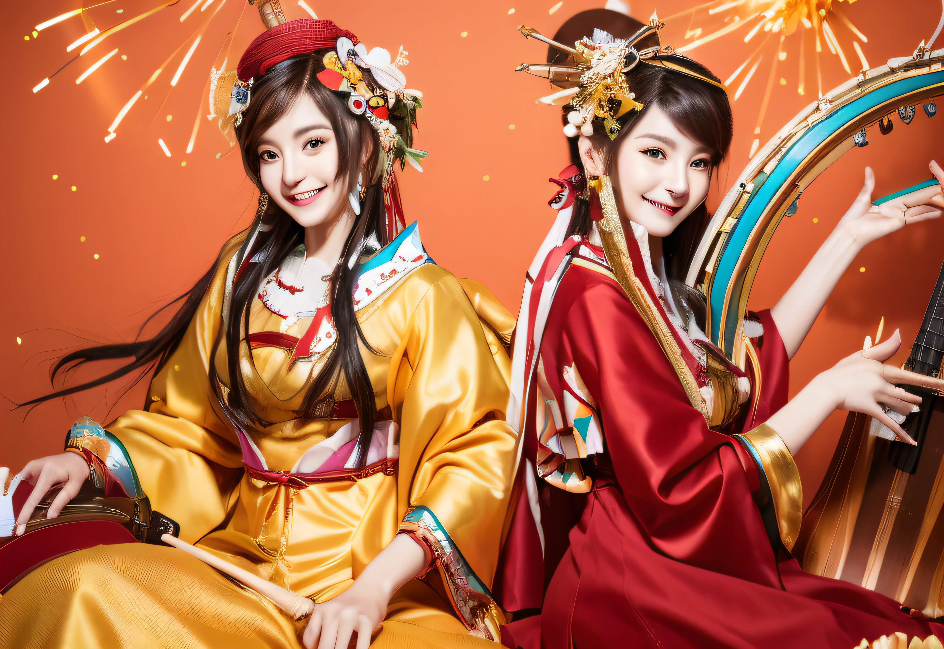 Two smiling women in traditional dresses holding musical instruments