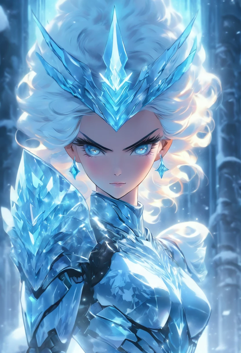 (beautiful ice beauty), (the ice queen power armor), (erotic pose), 8k, waist-length view, (arms crossed on the chest), sits, contemptuous look, the crown of sin