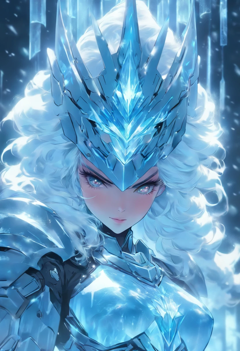 (beautiful ice beauty), (the ice queen power armor), (erotic pose), 8k, waist-length view, (arms crossed on the chest), sits, contemptuous look, the crown of sin