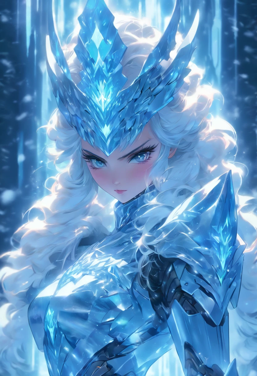 (beautiful ice beauty), (the ice queen power armor), (erotic pose), 8k, waist-length view, (arms crossed on the chest), sits, contemptuous look, the crown of sin