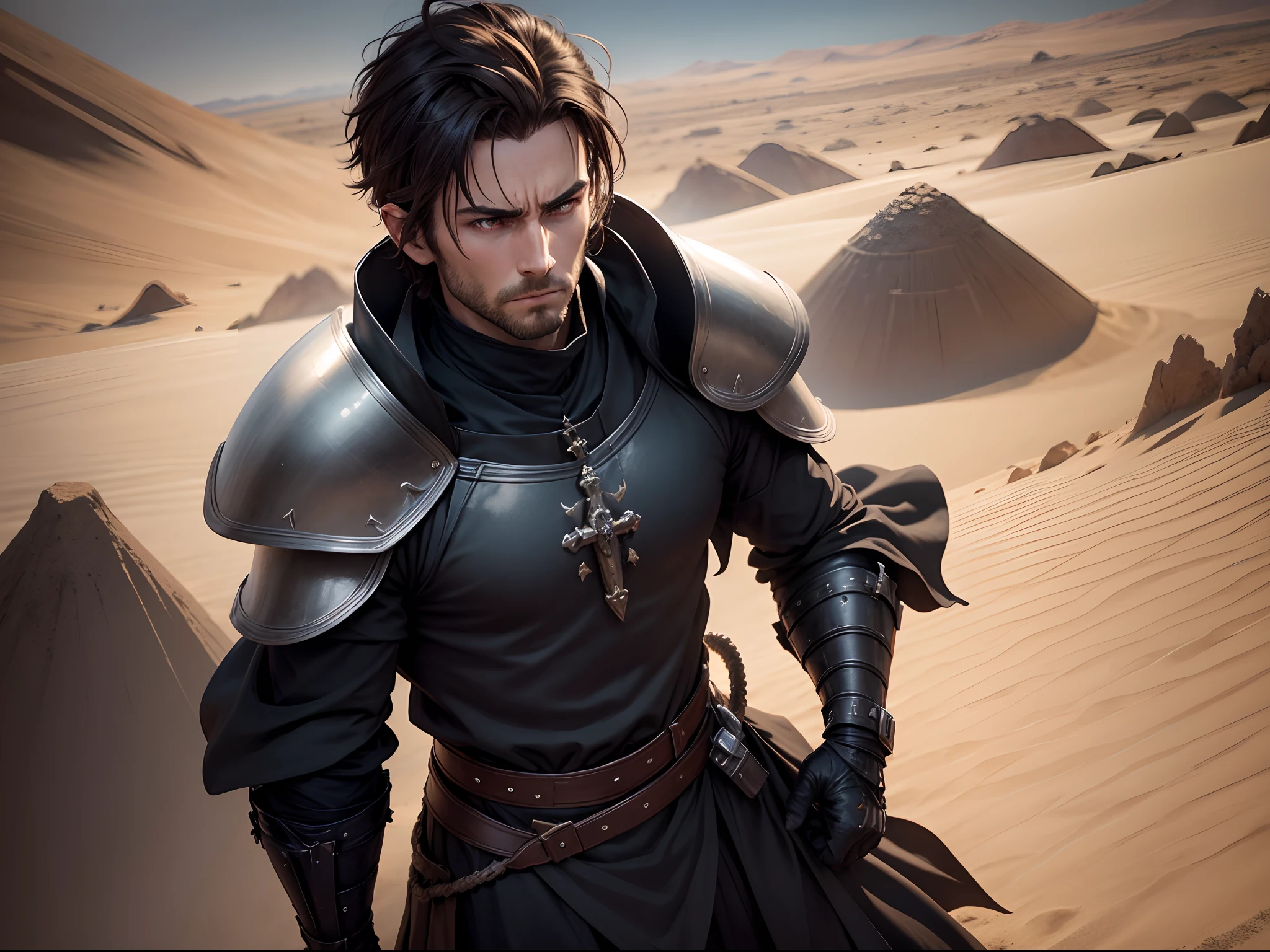 realistic 8k image of a man with short brown hair, 30 years old, combed to the side, thin face, dressed in black cleric attire and silver shoulder pads in RPG style, tired expression, on top of a dune in a sandy desert, anime style art