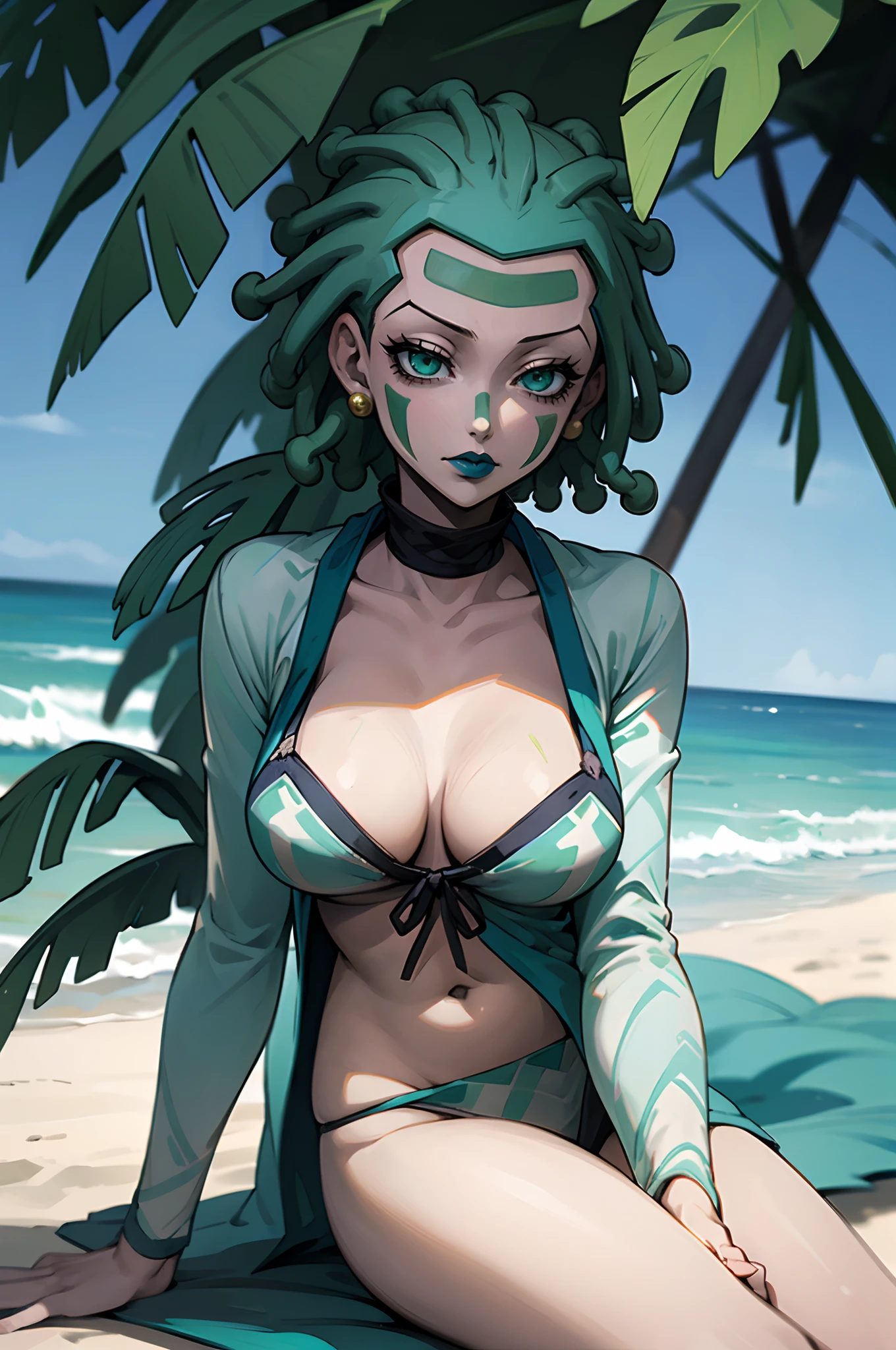 Cioccolata, dreadlocs, green hair, green face makeup, blue lipstick, green eyes, blue bikini, large breasts, 1girl, solo, female focus, cowboy shot, (face paint), ocean, beach, short hair, sitting