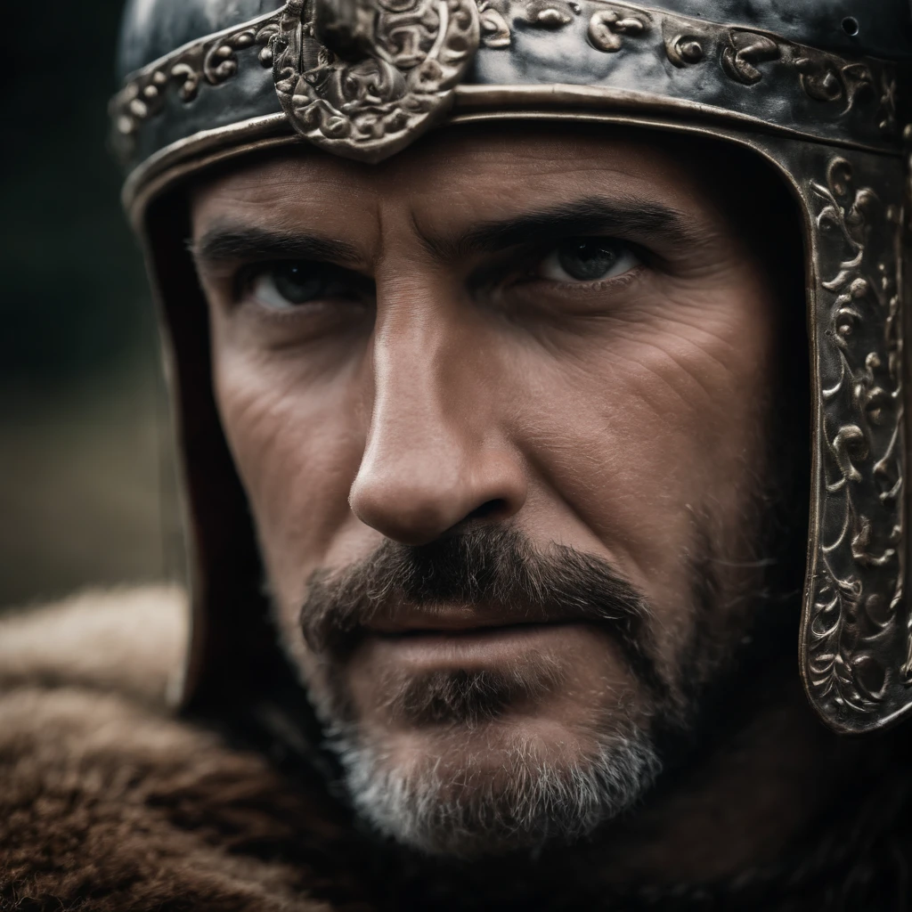 homem de 45 anos, capacete medieval, with room for the face, com cota de malha, man with experience, rosto assustador, viking