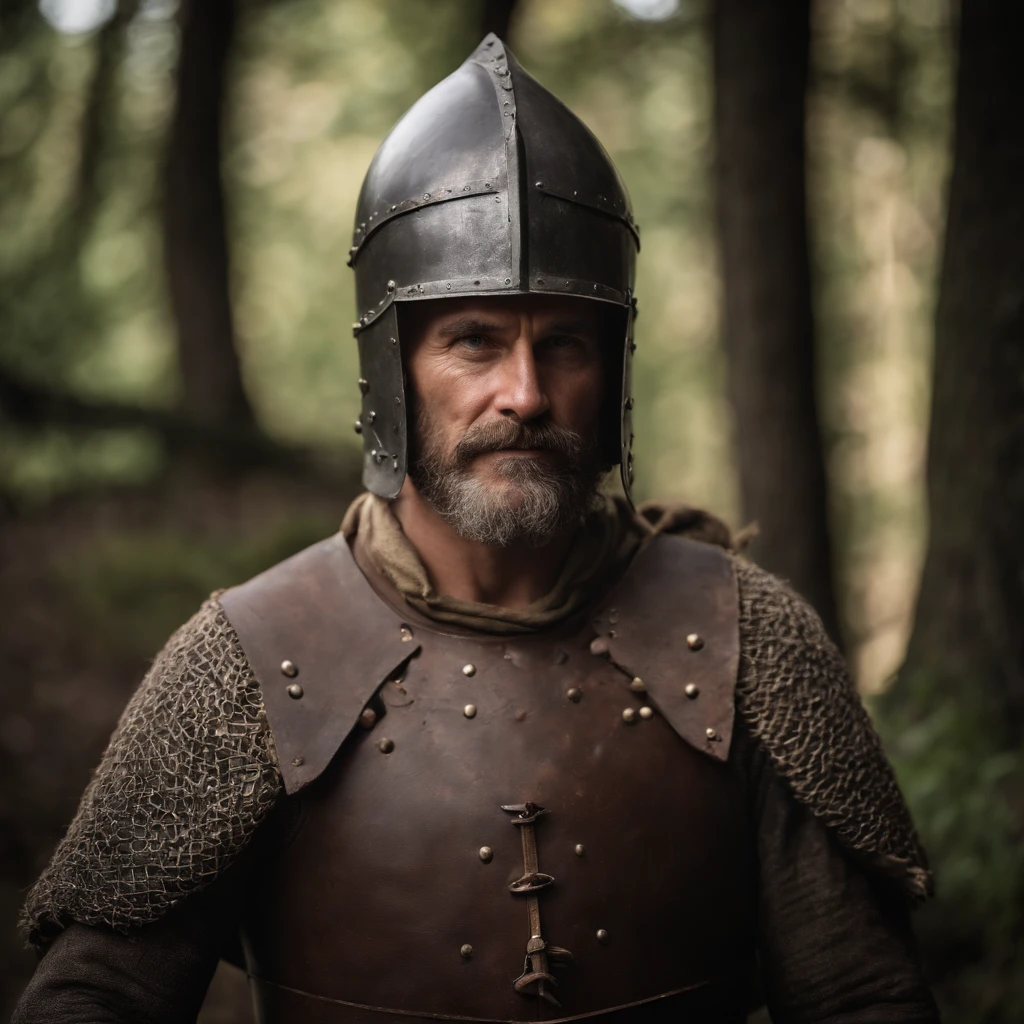 homem de 45 anos, capacete medieval, with room for the face, com cota de malha, man with experience, rosto assustador, viking