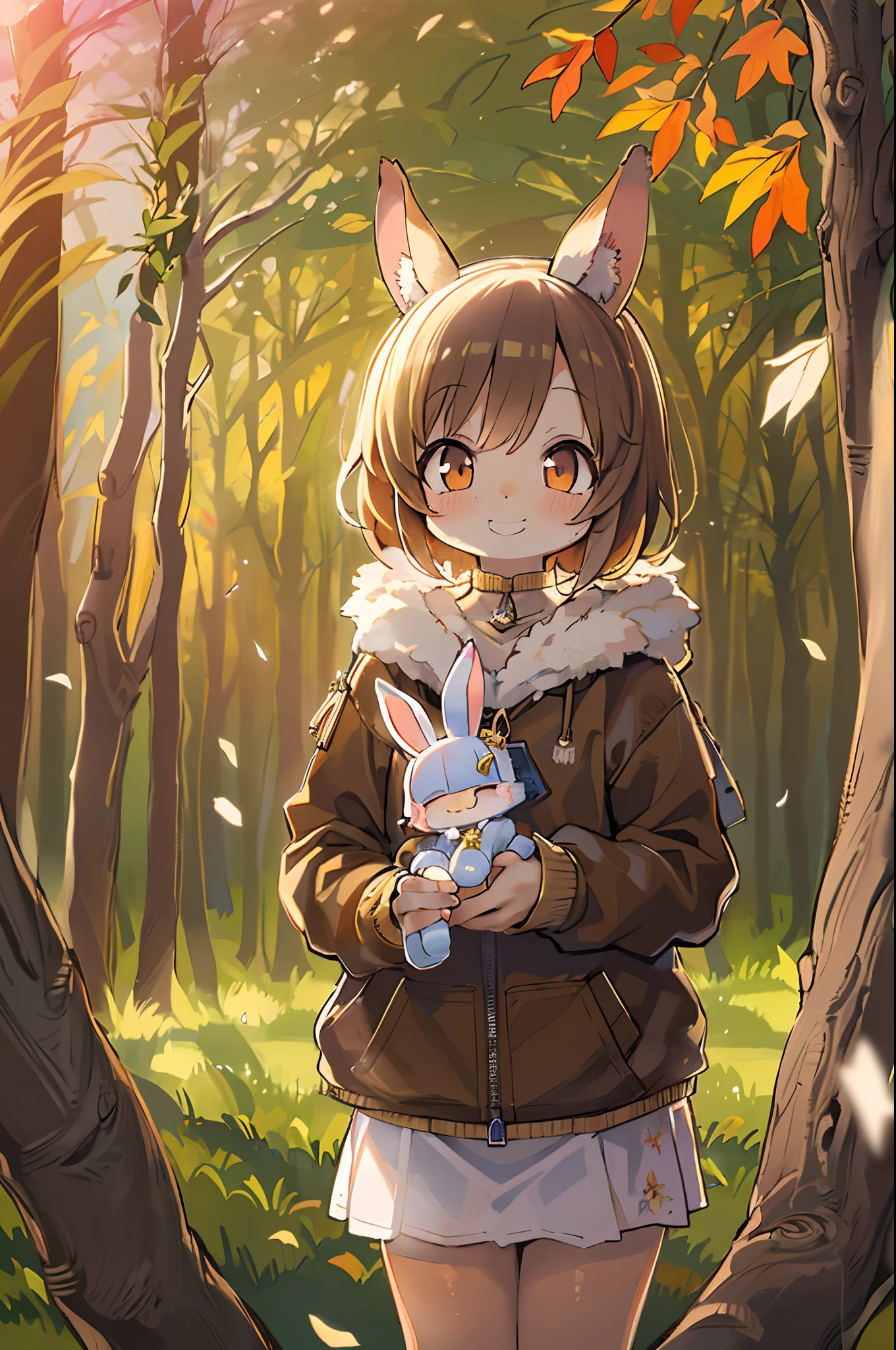 Beautiful Girl, (((((Small)))), face showing,, Short hair, brown, 8K, Professional Photography, Delicate, Clear, In the autumn forest, Sun, light leaks, masutepiece, (Beautiful)))), Chibi, Smile, Fantastic, Rabbit ears, 年轻