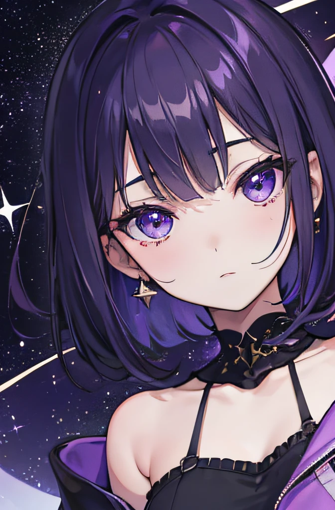 1 chica, Pelo violeta corto con estrellas, ojos violeta con estrellas, high resolusion, ultrasharp, 8k, Obra maestra, Mirando al espectador, close-up, face only, purple galaxy in the background, sudadera negra, boca cerrada, cara completa