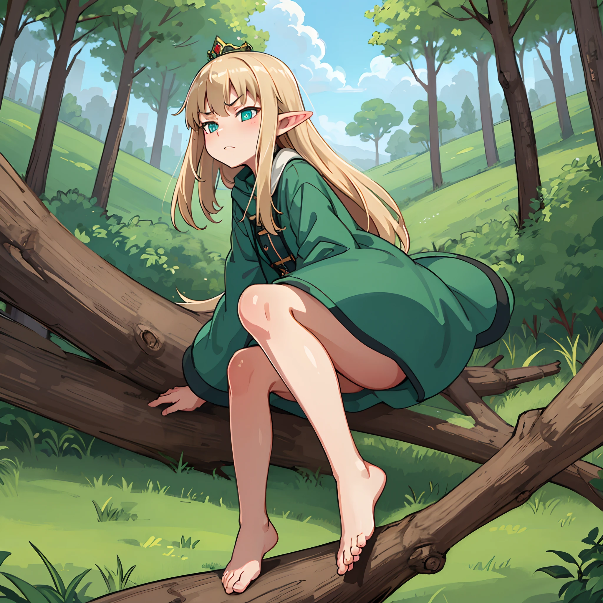 hiquality, tmasterpiece (Elf Girl). blonde hair. a small crown on the head. Cyan eyes. Stern face. The clothes: Green hunting coat of marsh color. Brown strap. bare footed. against the background of the forest and the sky.