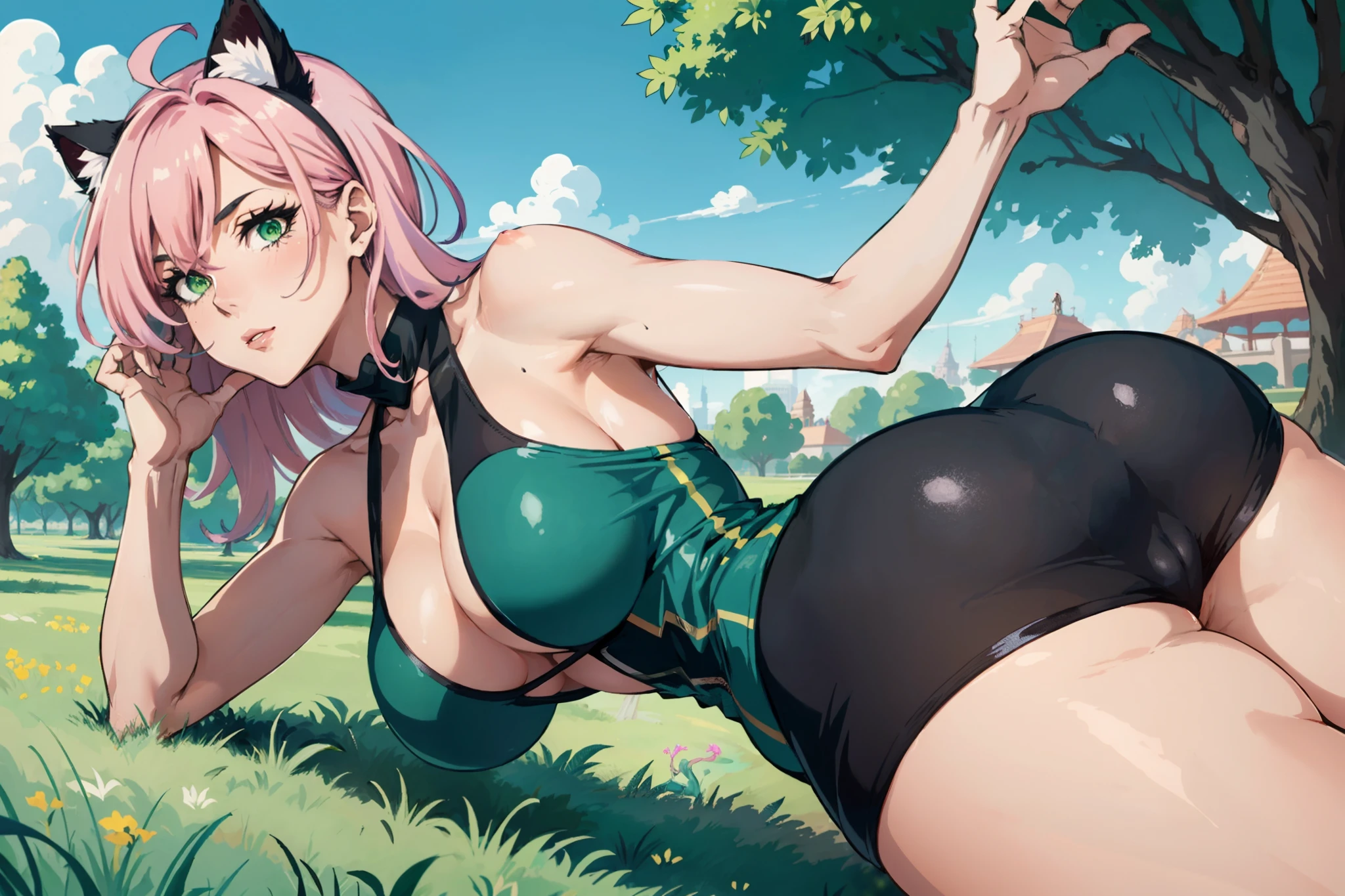 ((mature adult tall woman, mature_face)), (glowing green eyes), aqua cat ears, (super narrow waist), gradient (pink hair), large breasts, large areolae, (oily skin) ,
cartoon of a woman doing a handstand on a blanket in a park, giantess art, stretching her legs on the grass, park in background, most strongest pose, low view, beautiful, sexy, lowres, extreme foreshortening, fanart, macro giantess, with a park in the background, extreme pose