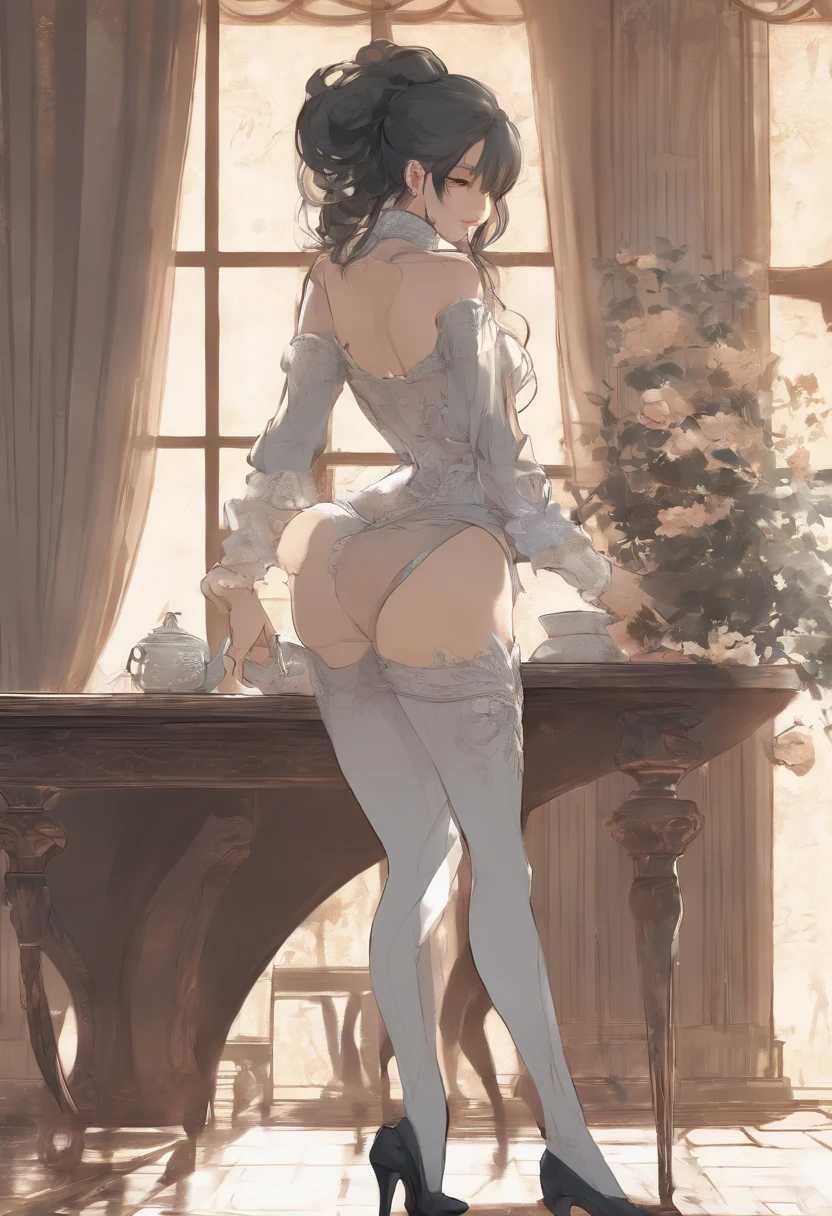 Beautiful woman dressed as a servant, ((dynamic pose))), leaning on a table, back shot, flat back, showing her ass, fallen pantyhose, long legs sveltes, (beautiful round tail), (narrow waist). NSFW