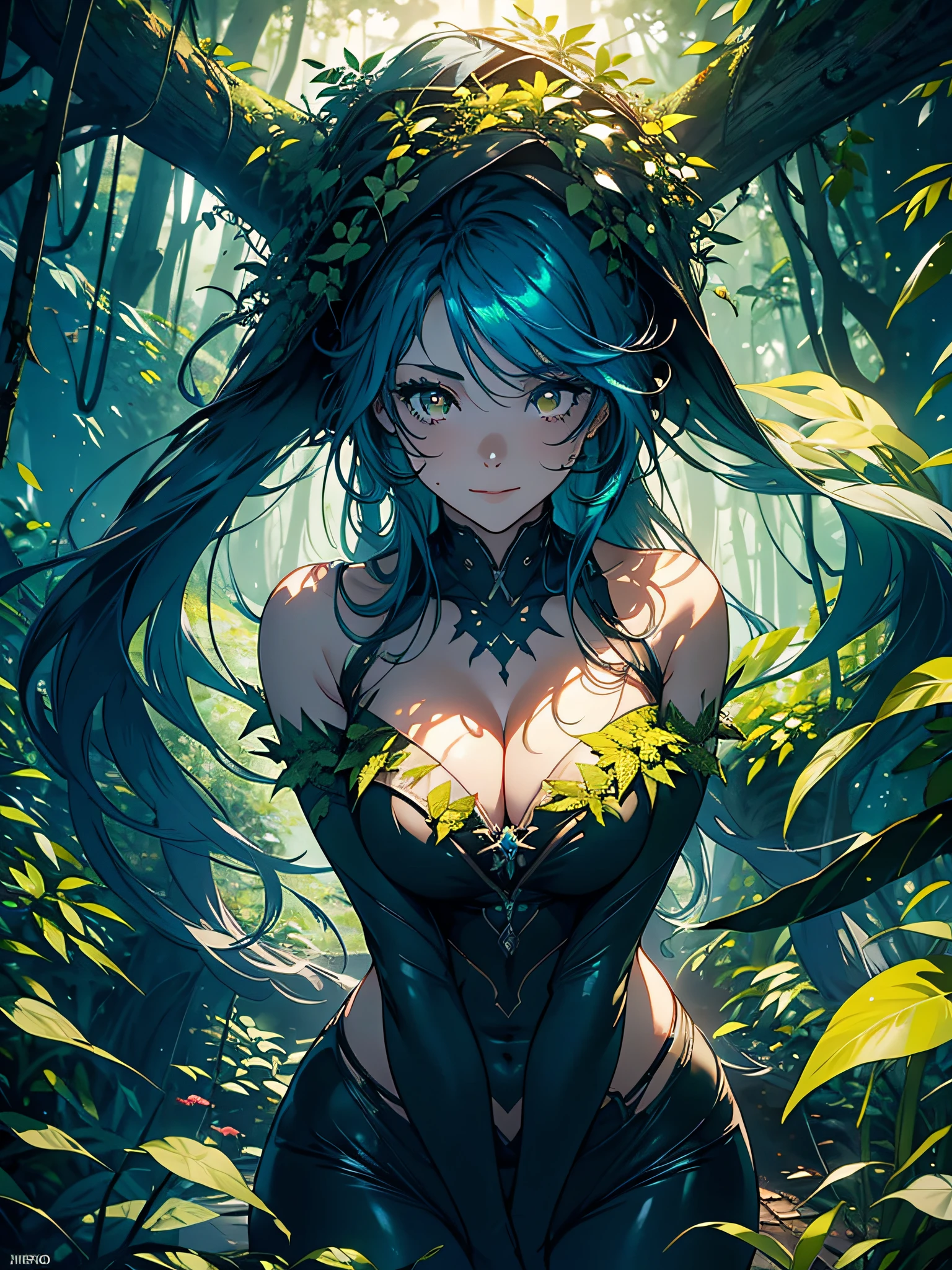 girl with plants and leaves wrapped around her body, Poison Ivy, medium breasts, long hair, sincere smile, imposing pose, yellow eyes, sculptural and curvy body, full body, BREAK, forest background with falling vines, nature, (ultra-realistic ), {extremely detailed 8k CG unit wallpaper}, Expansive landscape photography, (a low view that prioritizes the character's grandeur, expansive open field view), (low angle shot), (high light: 1 ,5), (low light: 1.0), (warm light source: 1.0), complex details, (iridescent colors: 1.5), (bright lighting), (atmospheric lighting), dreamy, magical, Special, (solo: 1.0)