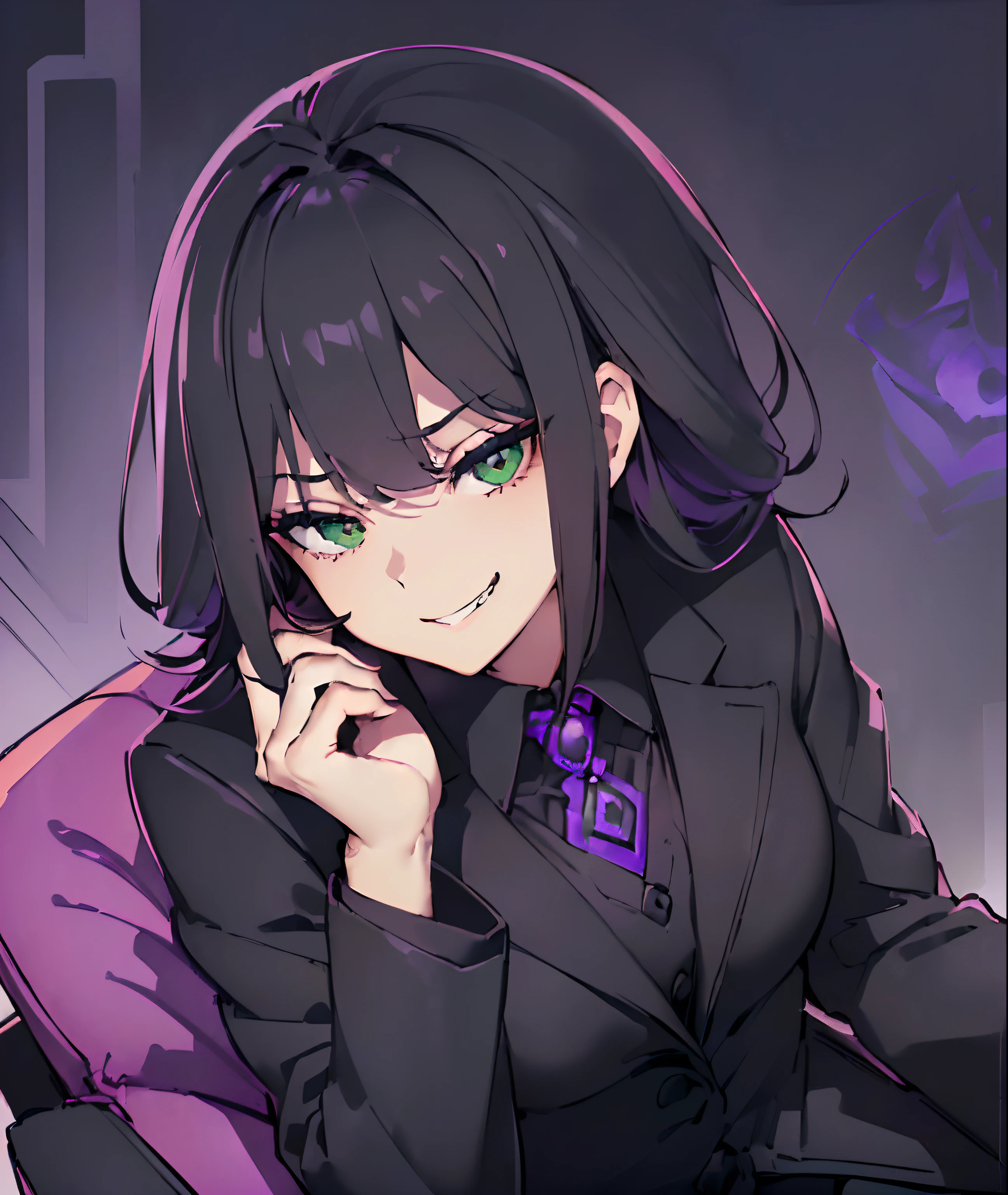(((cheeky looking buisness woman with a devious grin, wearing a black formal buisness suit, black dyed hair, green eyes, small bust, making a smug and haughty expression, sitting in a large comfy office chair, dark atmosphere, dim purple pink lighting, office environment, high quality, smooth fair skin, closeup shot, head resting on her palm)))
