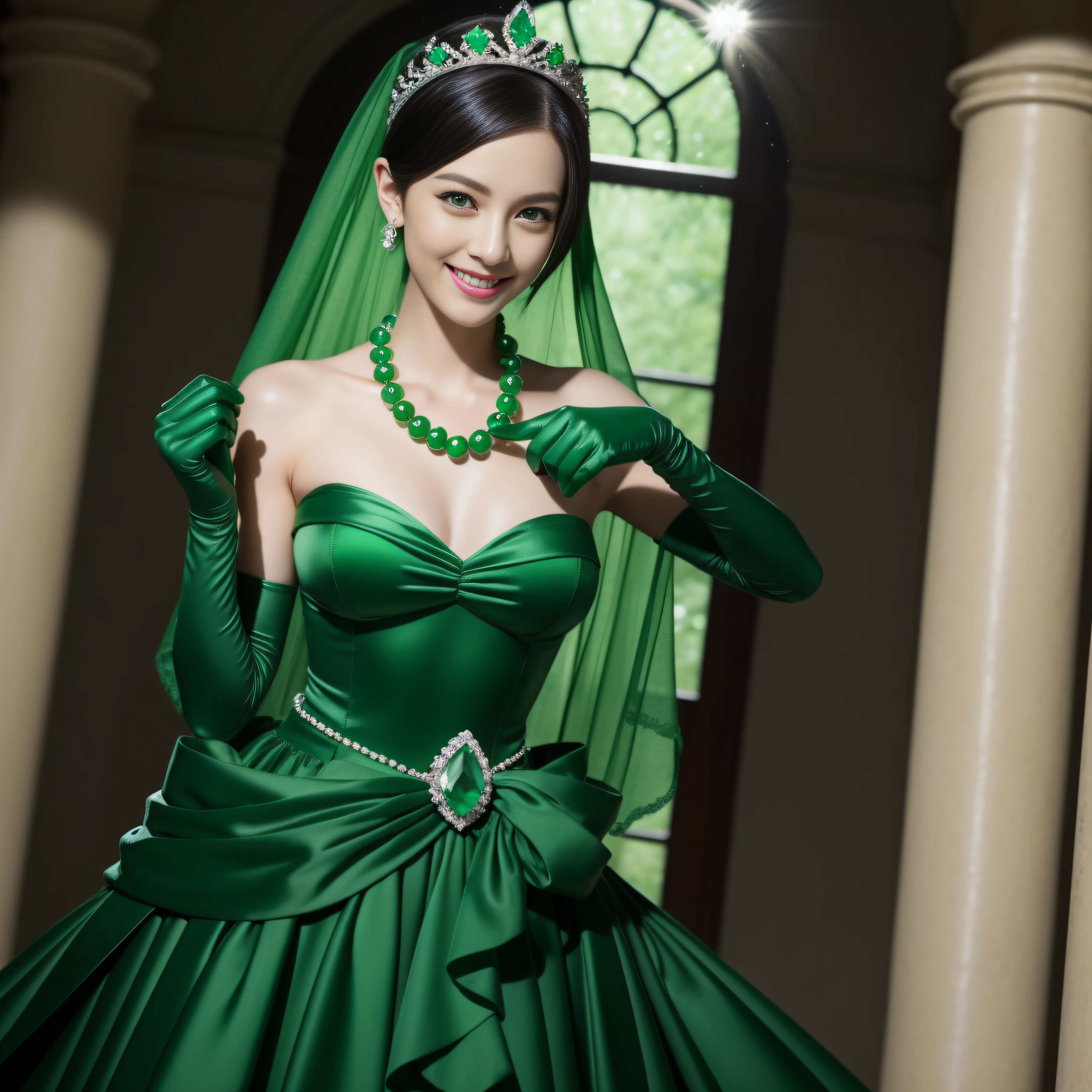 emerald tiara, Green Pearl Necklace, Boyish very short black hair, lipsticks, Japan woman smiling, very short short hair, big breasts beautiful, Green eyes, Long green gloves made of satin material, Green eyes, Emerald Earrings