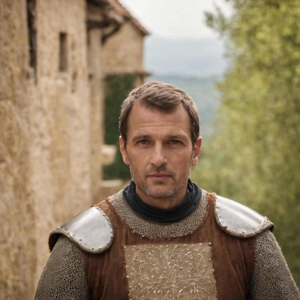homem de 45 anos, capacete medieval, with room for the face, man with experience, rosto assustador
