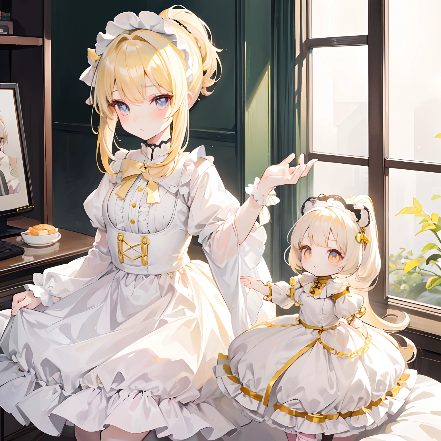 Light yellow hair,Only ponytail,The face is as gentle and cute as a doll,Pale yellow and white ta clothes,Pale pink pupils,She is a sweet girl,The voice is very soft and cute,It's called Yaojin Fawn